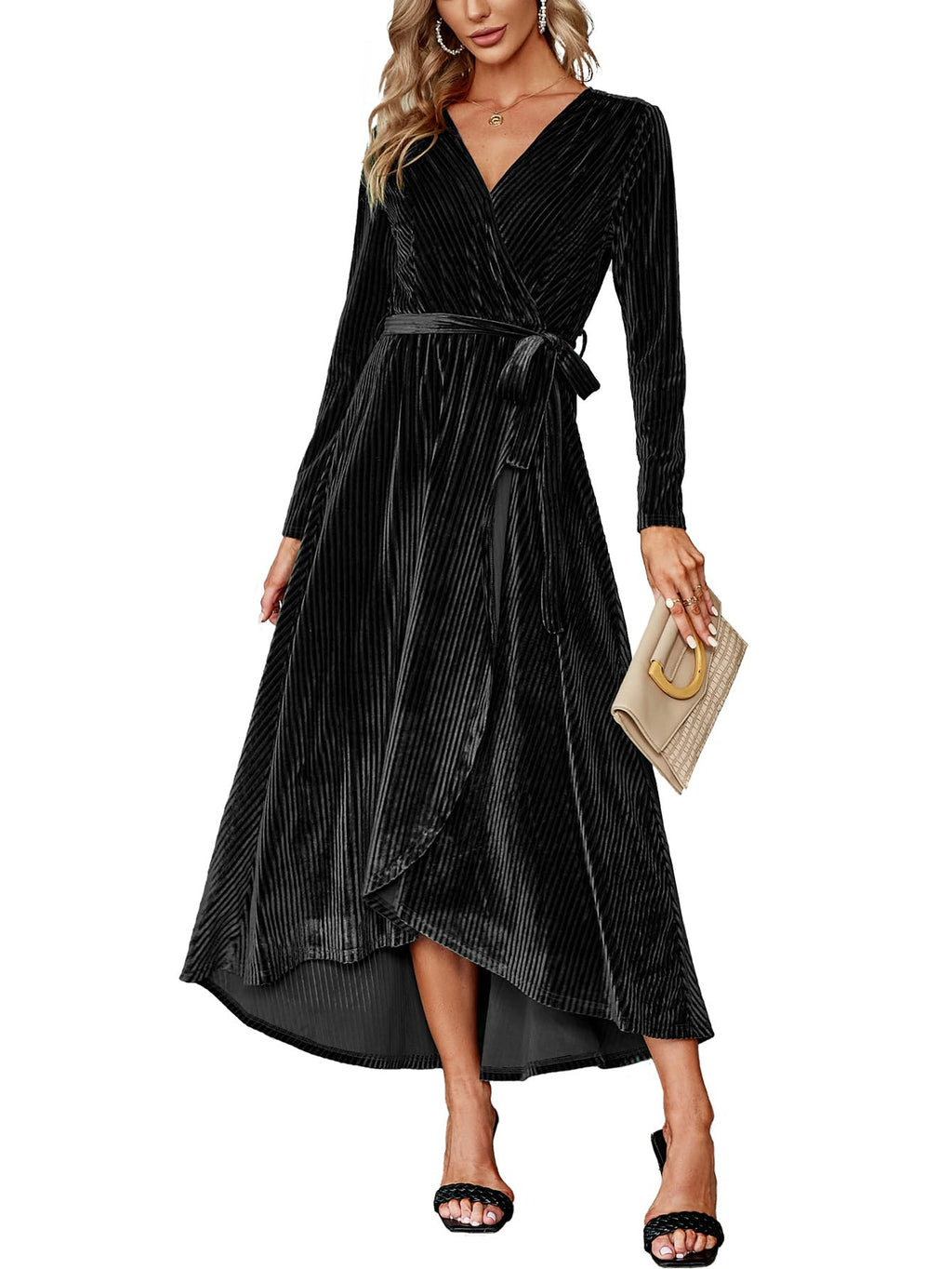 BerryGo Women's Velvet V Neck Wrap Semi Formal Dress Cocktail Party Maxi Dress for Wedding Guest