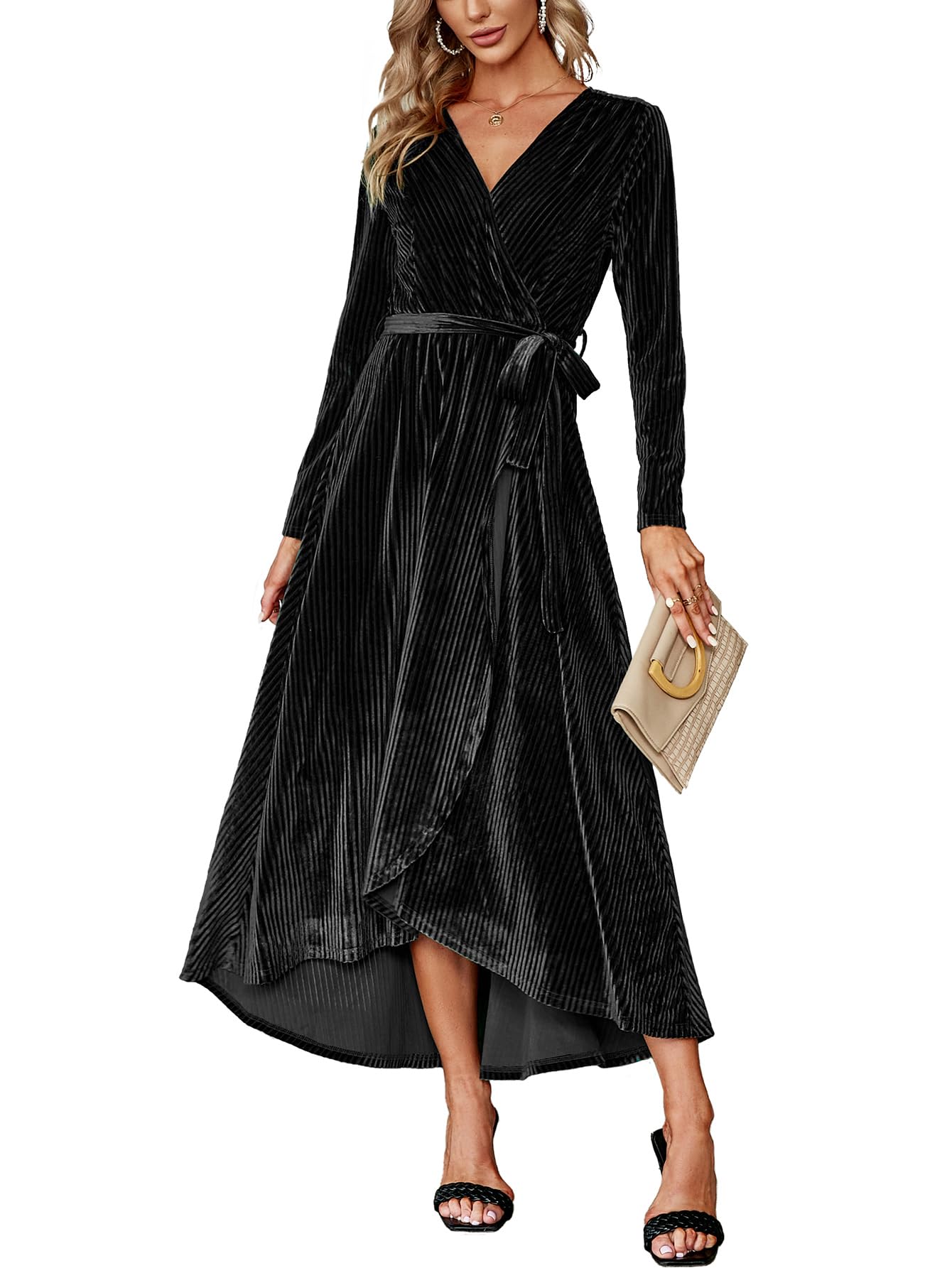 BerryGo Women's Velvet V Neck Wrap Semi Formal Dress Cocktail Party Maxi Dress for Wedding Guest