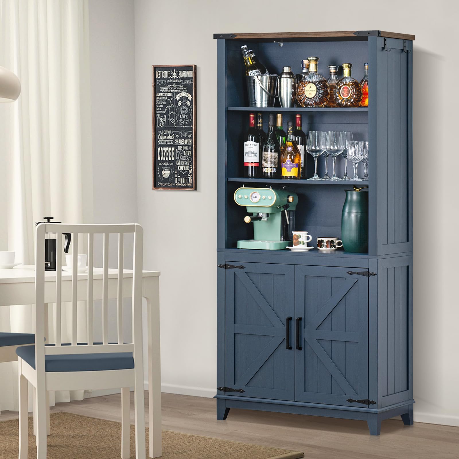 Joaxswe 70in Tall Bookshelf 5 Tier Bookcase with Barn Doors and Adjustable Shelves, Black Farmhouse Book Shelf with Storage Cabinet, Wood Freestanding Display Bookshelves for Bedroom, Living Room