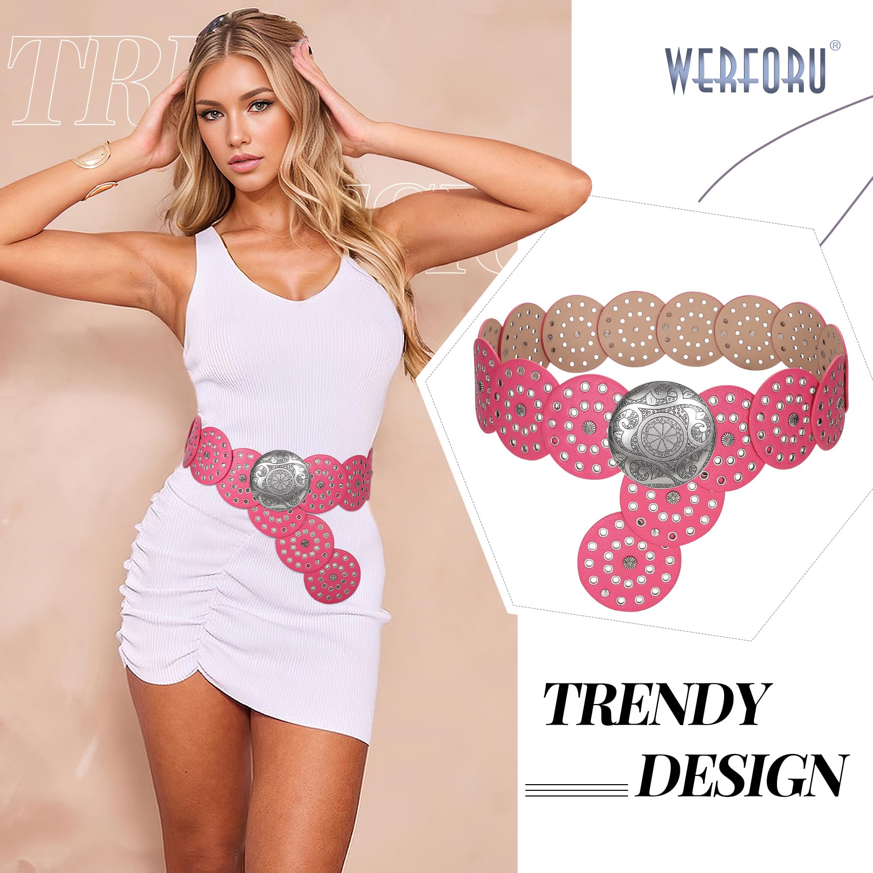 WERFORU Women Vintage Leather Belt Western Disc Waist Belts Ladies Western Belt Boho Belt for Dress Jean-