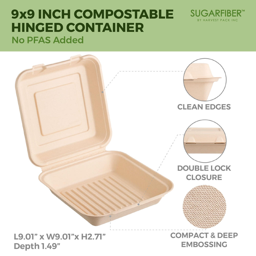 [50 COUNT]Harvest Pack 6 X 6" Compostable Clamshell Take Out Food Containers, PFAS FREE Square To go Containers with Lids, Heavy-Duty Disposable Bagasse Bento Cake Box, Eco-Friendly Sugarcane Fibers