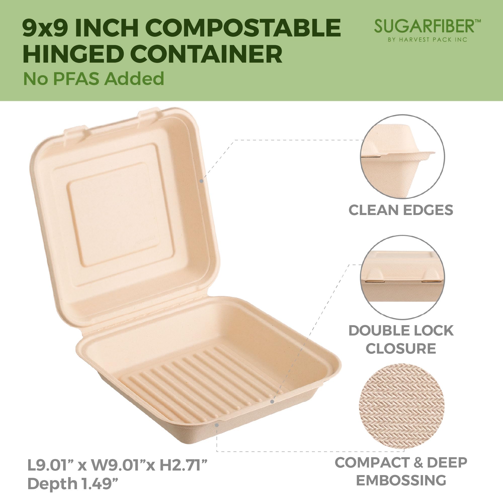[50 COUNT]Harvest Pack 6 X 6" Compostable Clamshell Take Out Food Containers, PFAS FREE Square To go Containers with Lids, Heavy-Duty Disposable Bagasse Bento Cake Box, Eco-Friendly Sugarcane Fibers