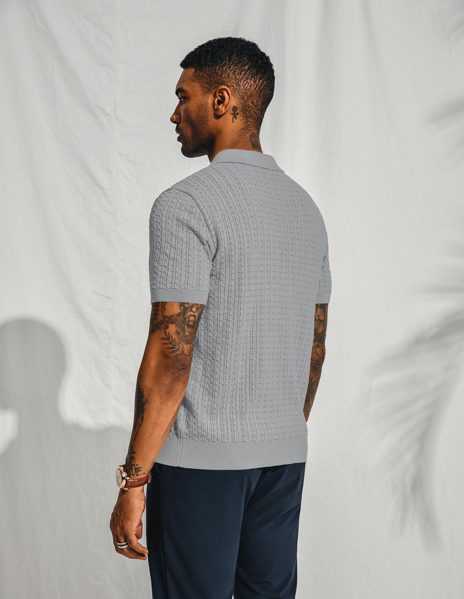 PJ PAUL JONES Mens Knit Polo Shirt Short Sleeve Hollow Out Knit Shirt Texture Knitted Polo
