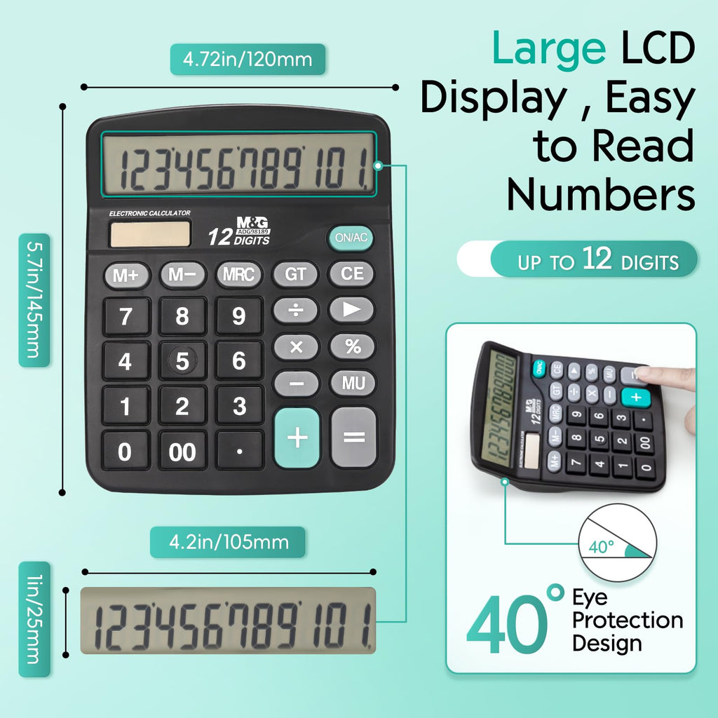 M&G Desk Calculator 12 Digit Extra Large LCD Display, Dual Solar Power and Battery, Accounting Calculator with Big Button, Battery Include, Perfect for Office Business Home Daily Use