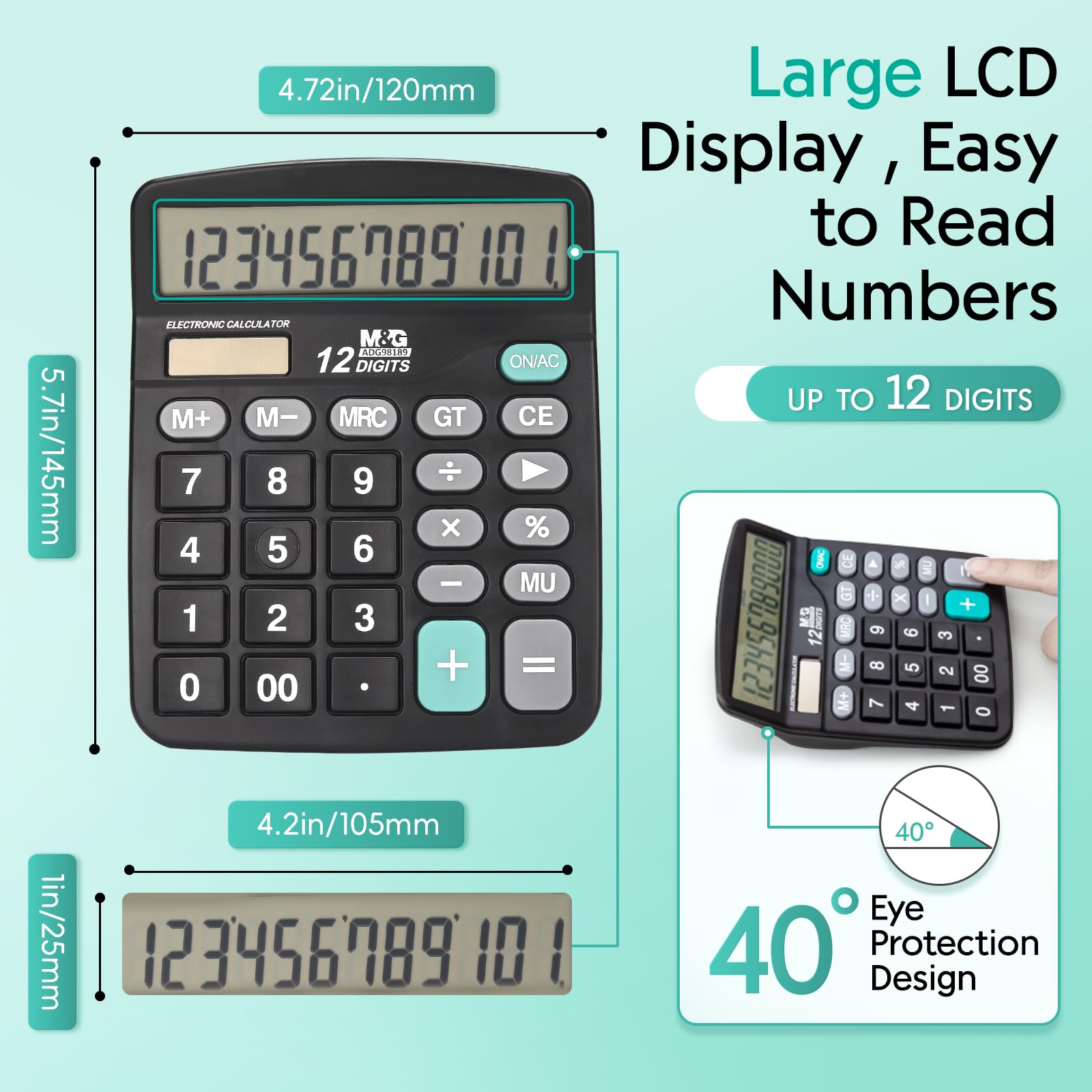 M&G Desk Calculator 12 Digit Extra Large LCD Display, Dual Solar Power and Battery, Accounting Calculator with Big Button, Battery Include, Perfect for Office Business Home Daily Use