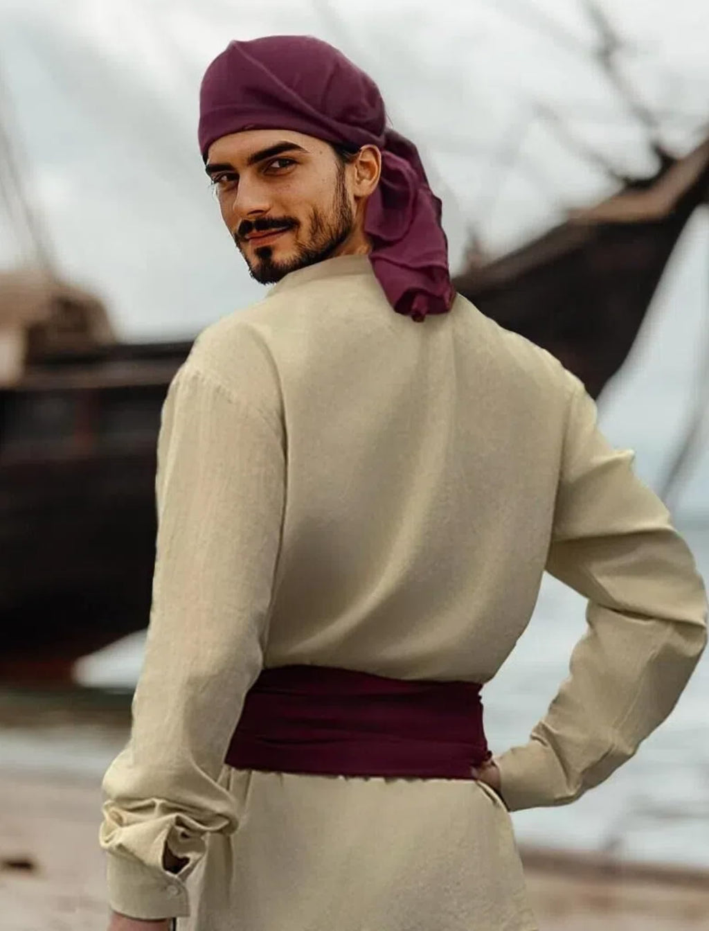 Verceco Mens Pirate Costume Outfit Renaissance Costume Men Medieval Outfit With Pirate Pants Shirts Sash Accessories (Black, Medium)