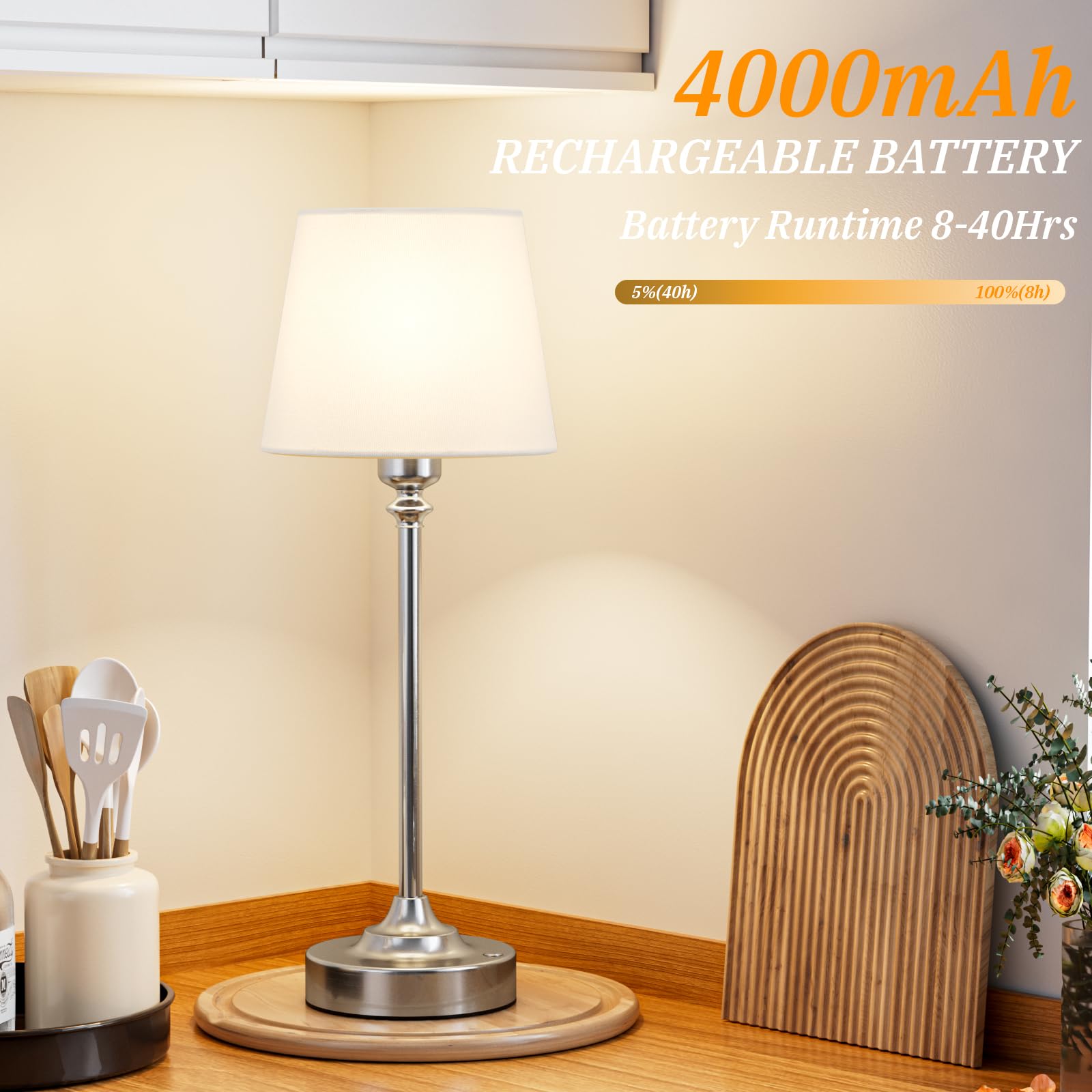 Touch Control Cordlss Table Lamp, USB-C Rechargeable Lamp with Stepless Dimming, 4000mAh Battery Operated Bedside Lamp for Bedroom, Living Room, Night Light & Emergency Lighting, Black, 1 Pack