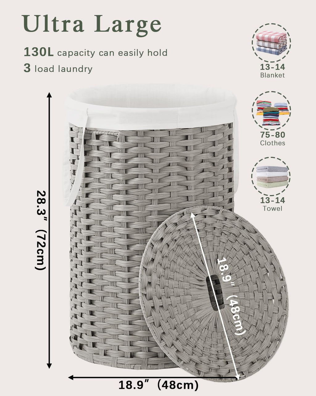 SETVSON Laundry Hamper with Lid Laundry Basket with Lid 19.0 Gal (72 L) Round Wicker Laundry Basket Handwoven Rattan Basket with Lid Removable Bag 2 Mesh Bags Handles for Living Room Bathroom Black