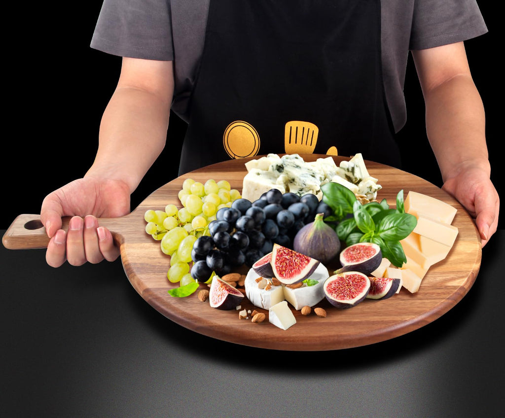 Acacia Wood Cutting Board with Handle Wooden Chopping Board Round Cutting Boards for Kitchen Decor Large Charcuterie Board Tray Teak Meat Cheese Board Bread Serving Platter Butcher Block Pizza Board