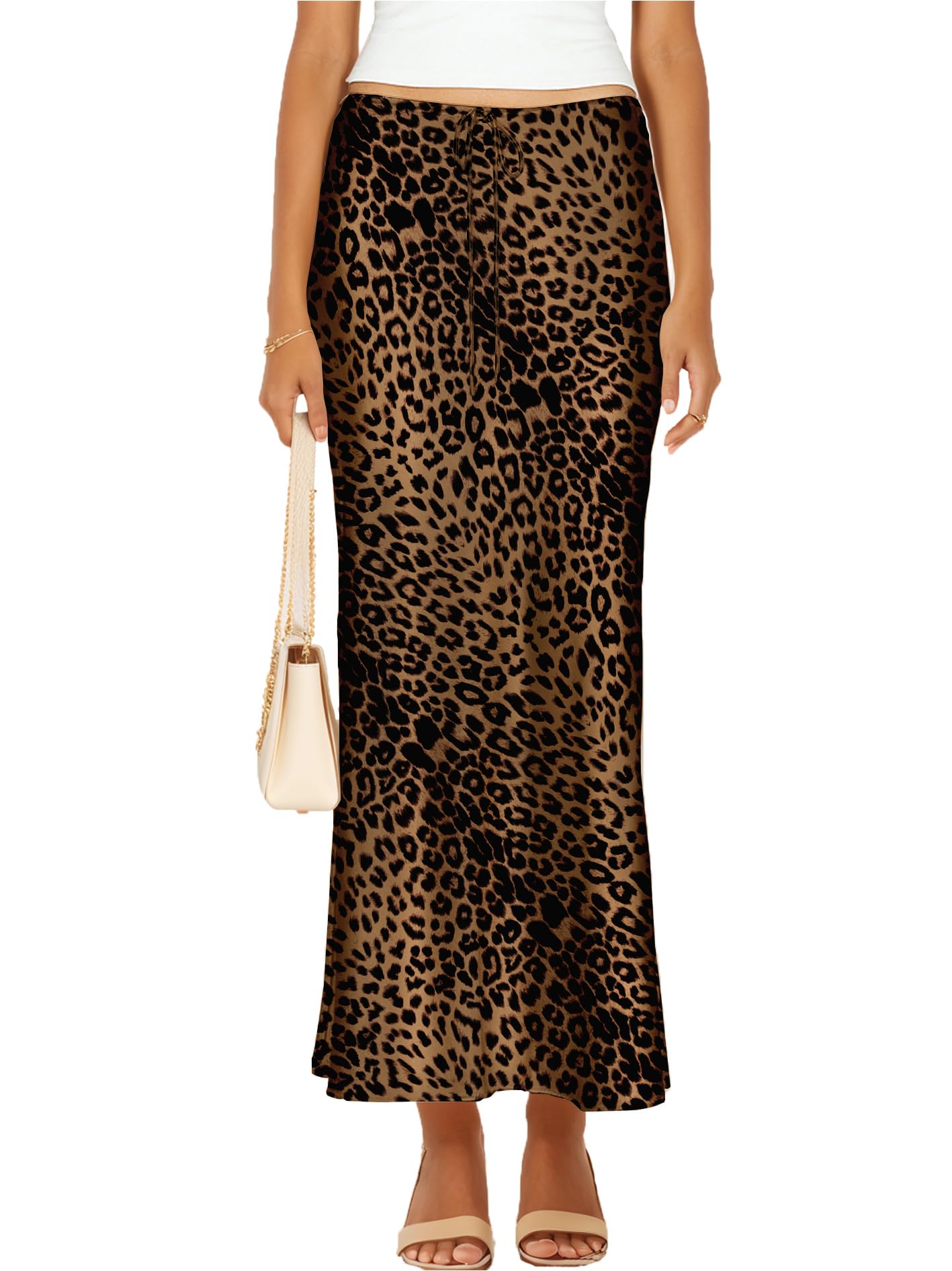 Womens Satin Silk Maxi Skirts Drawstring Flared Casual A-Line Long Skirt for Women