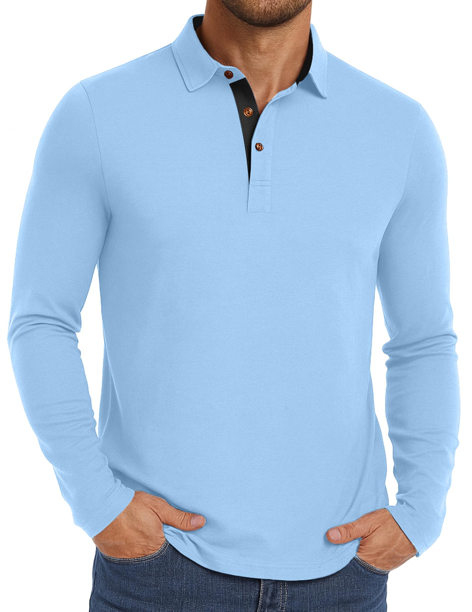 PEGENO Mens Polo Short/Long Sleeve Shirt Classic Button Basic Solid Color Designed Collared Polo Shirt Fashion Casual Shirts