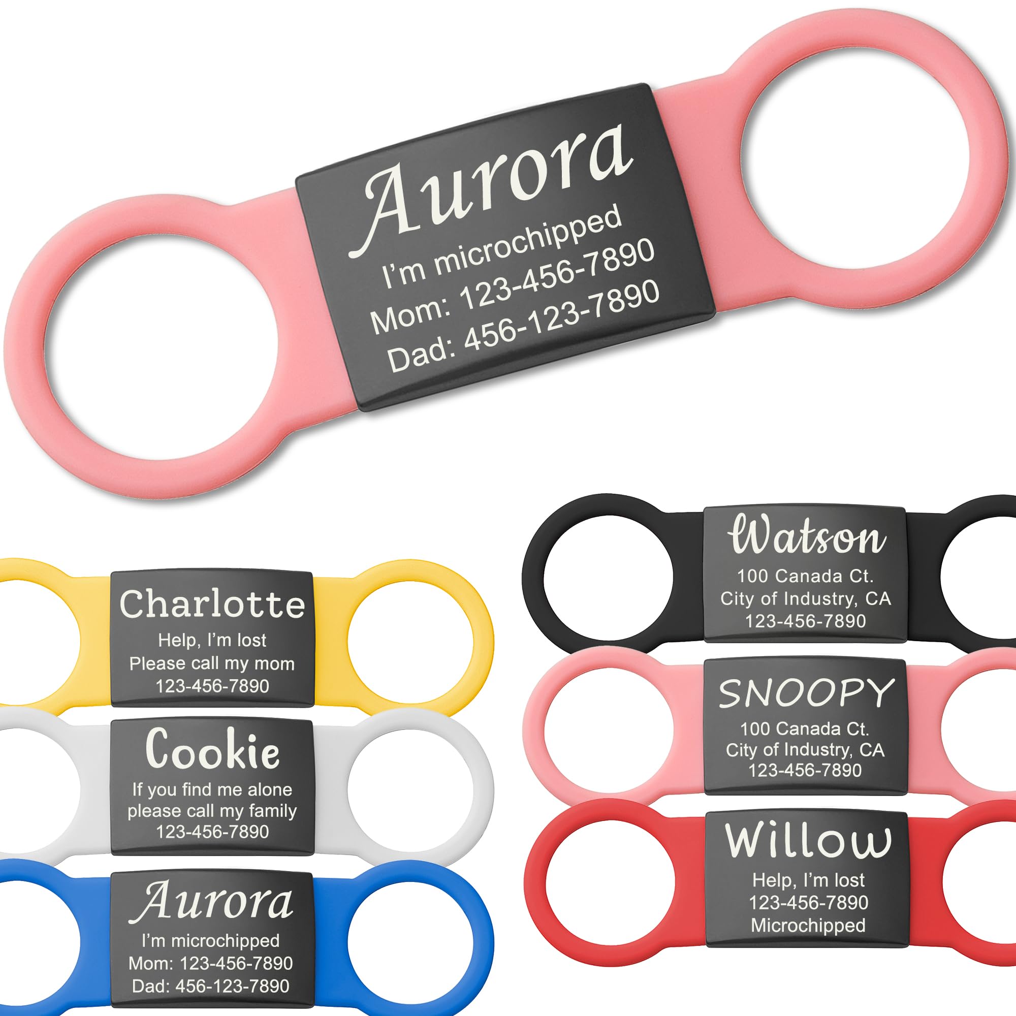 Anavia Slide On Silent Pet ID Tags, S/M/L/XL Personalized Black Stainless Steel Colored Silicone Cat Dog Name Tag, Customized Engraved Nameplate, Quiet Chew-Proof Pet Collar Tag (Black, Small)
