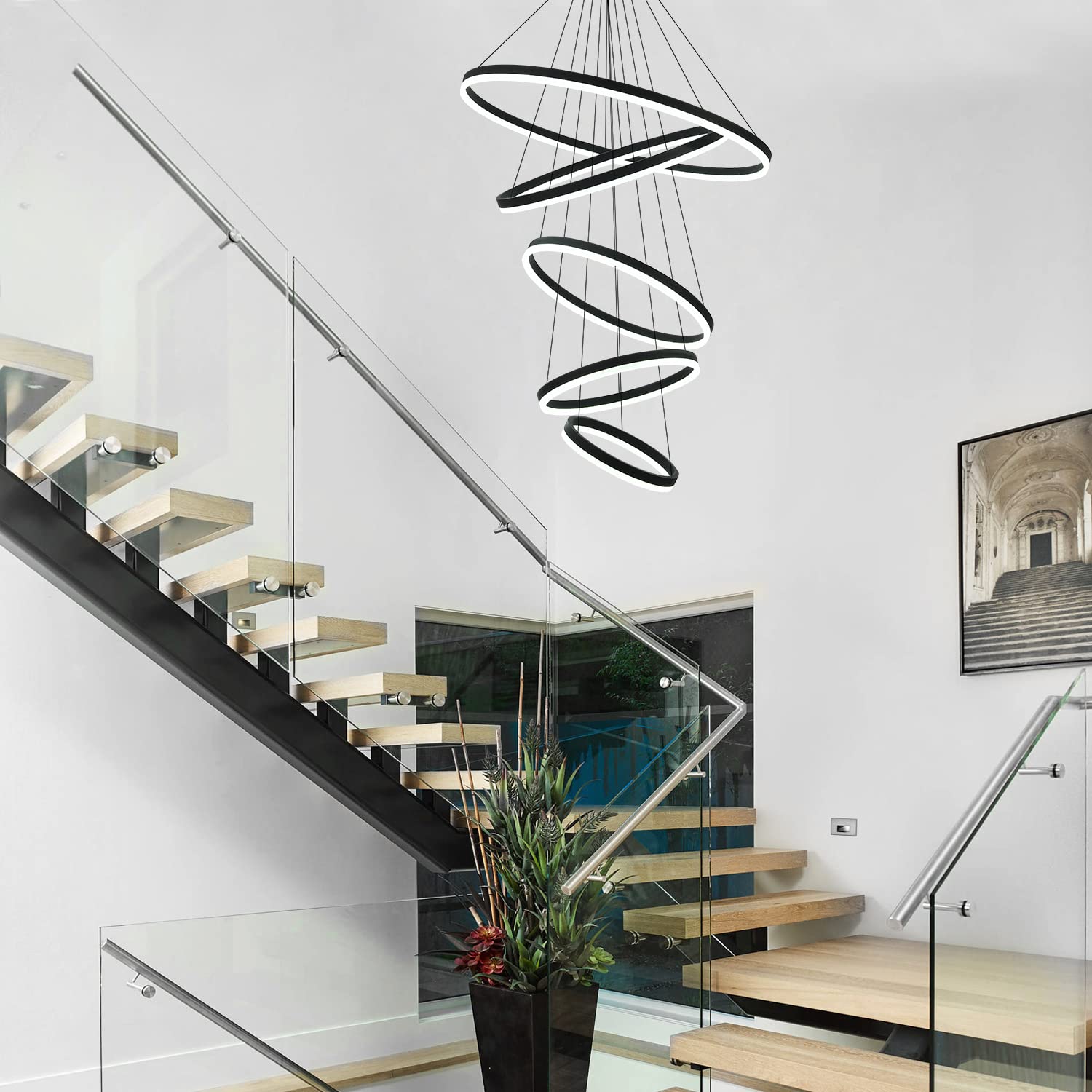 5-Rings Modern LED Chandelier Black Dimmable High Ceiling Chandelier for Dining Room with Remote Control for Foyer Living Room Entryway Staircase(D23.6’’, 3000K-6500K)