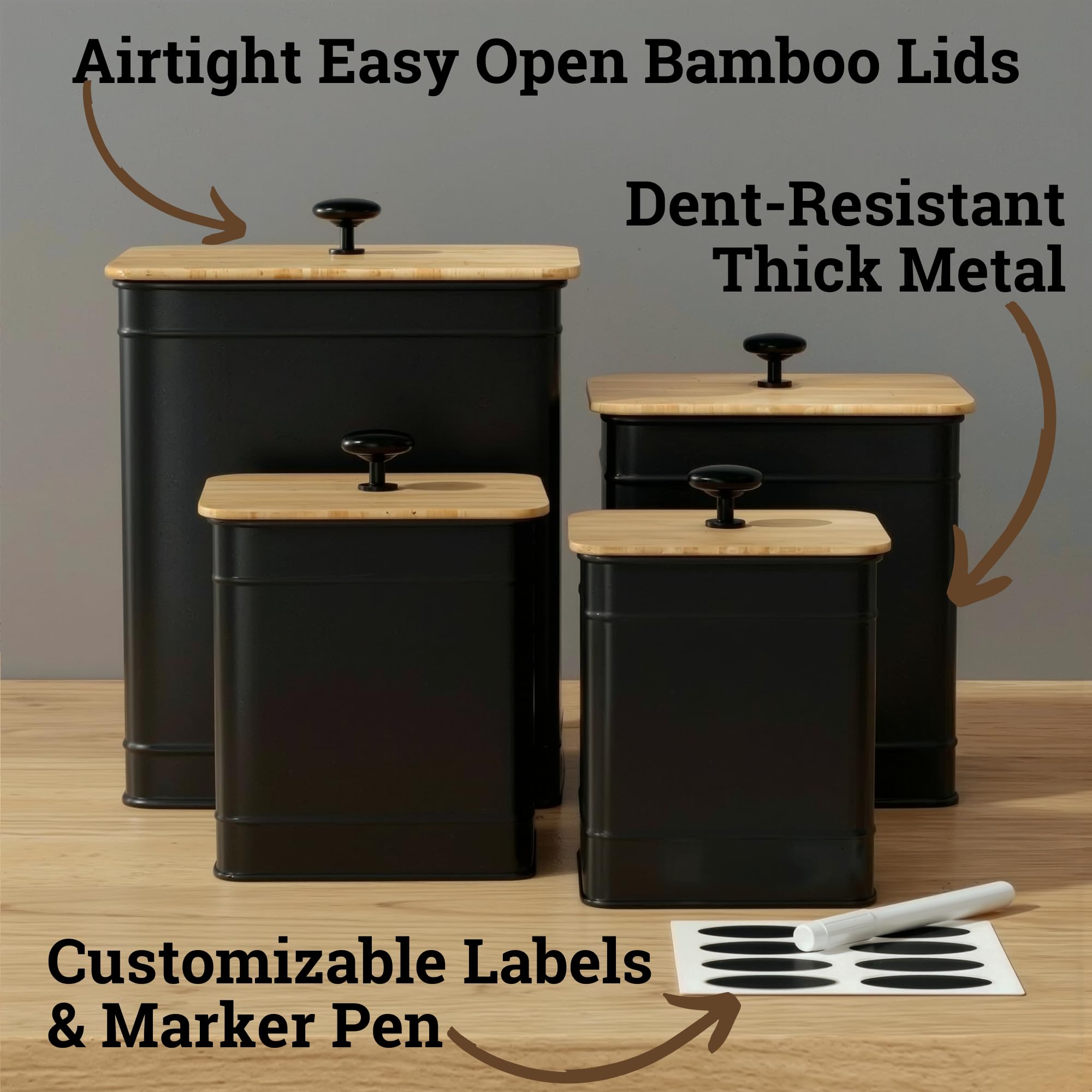 Kitchen Canisters for Countertop Set of 4 w/ Chalkboard Labels & Marker Pen | Airtight Easy Open Bamboo Lids, Dent-Resistant Thick Metal, Customizable Chalkboard Labels, Marker Pen Included, Set of 4