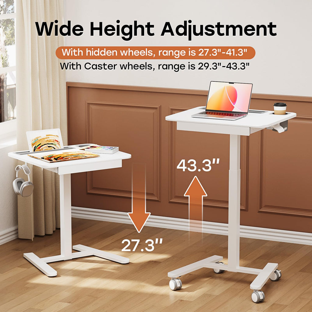 Small Mobile Standing Desk with Drawer, 23.6"x19.7" Rolling Laptop Cart on Wheels, Height Adjustable Sit Stand Computer Workstation with Storage for Compact Space, Black