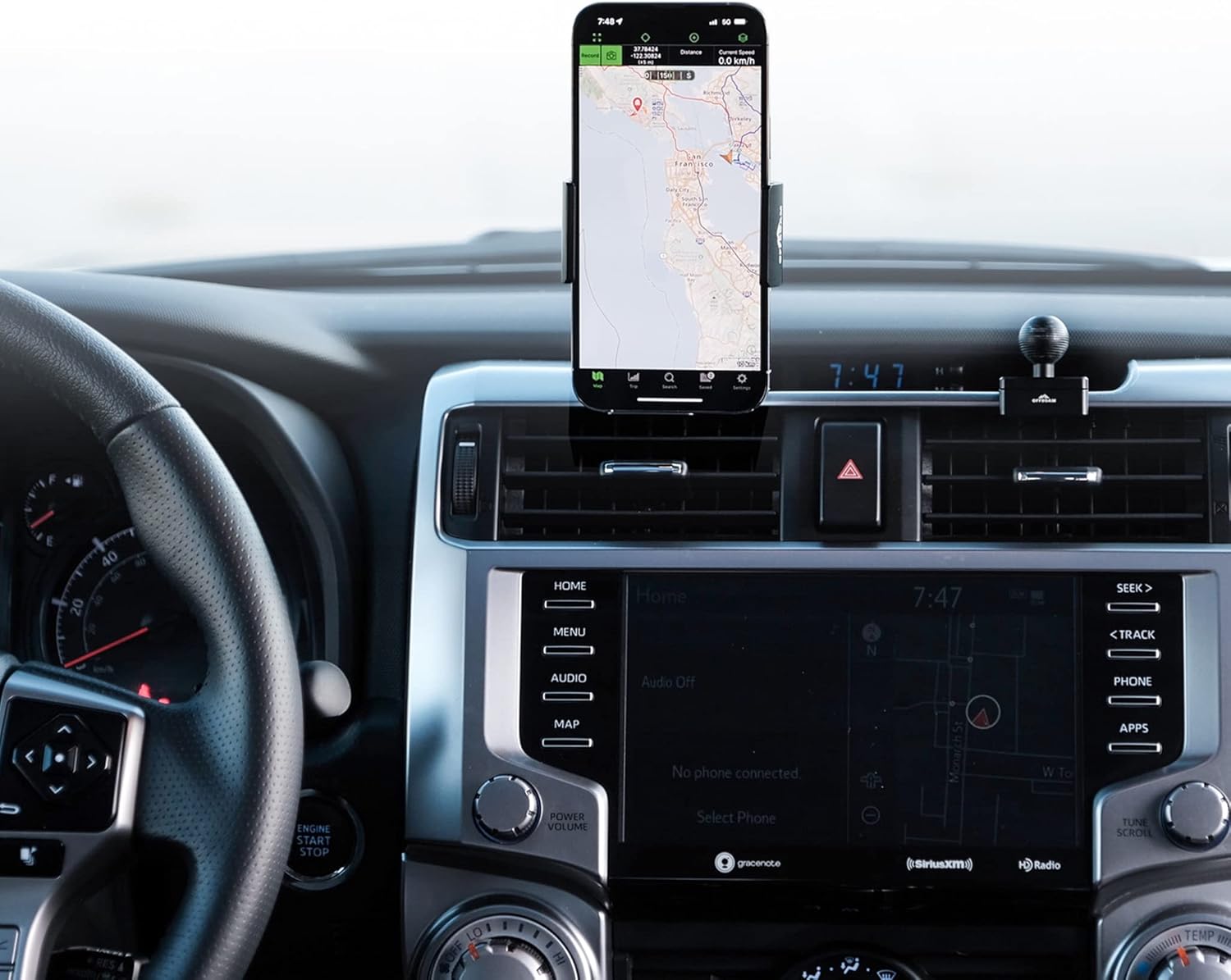 Offroam Phone Mount Made for Toyota 4Runner 2010-2024, CNC-Machined Aluminium, Universal Spring Loaded Holder, 360-Degree Swivel, One-Hand Operation