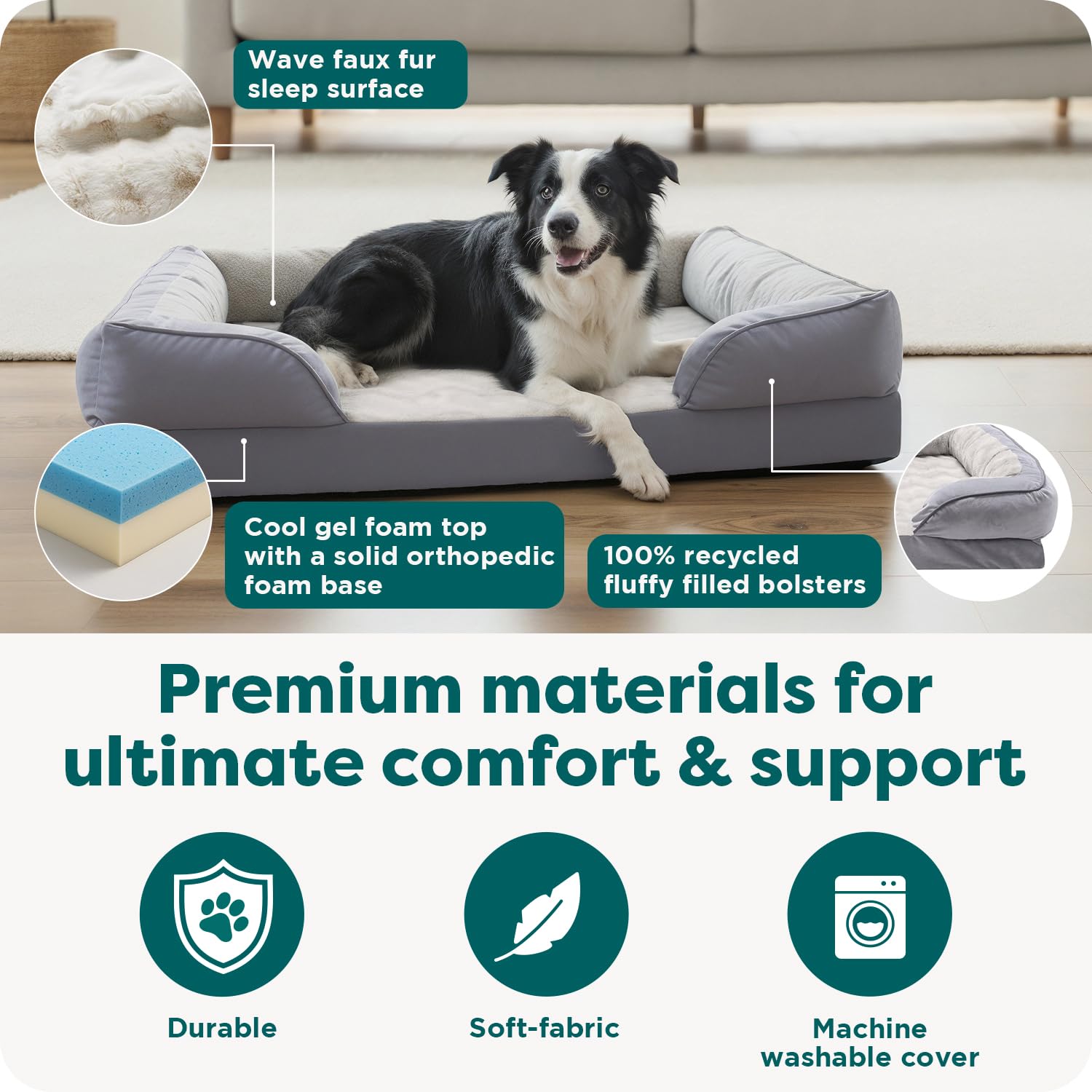 Furhaven Cooling Gel Dog Bed for Medium/Small Dogs w/ Removable Bolsters & Washable Cover, For Dogs Up to 35 lbs - Plush & Velvet Waves Perfect Comfort Sofa - Brownstone, Medium