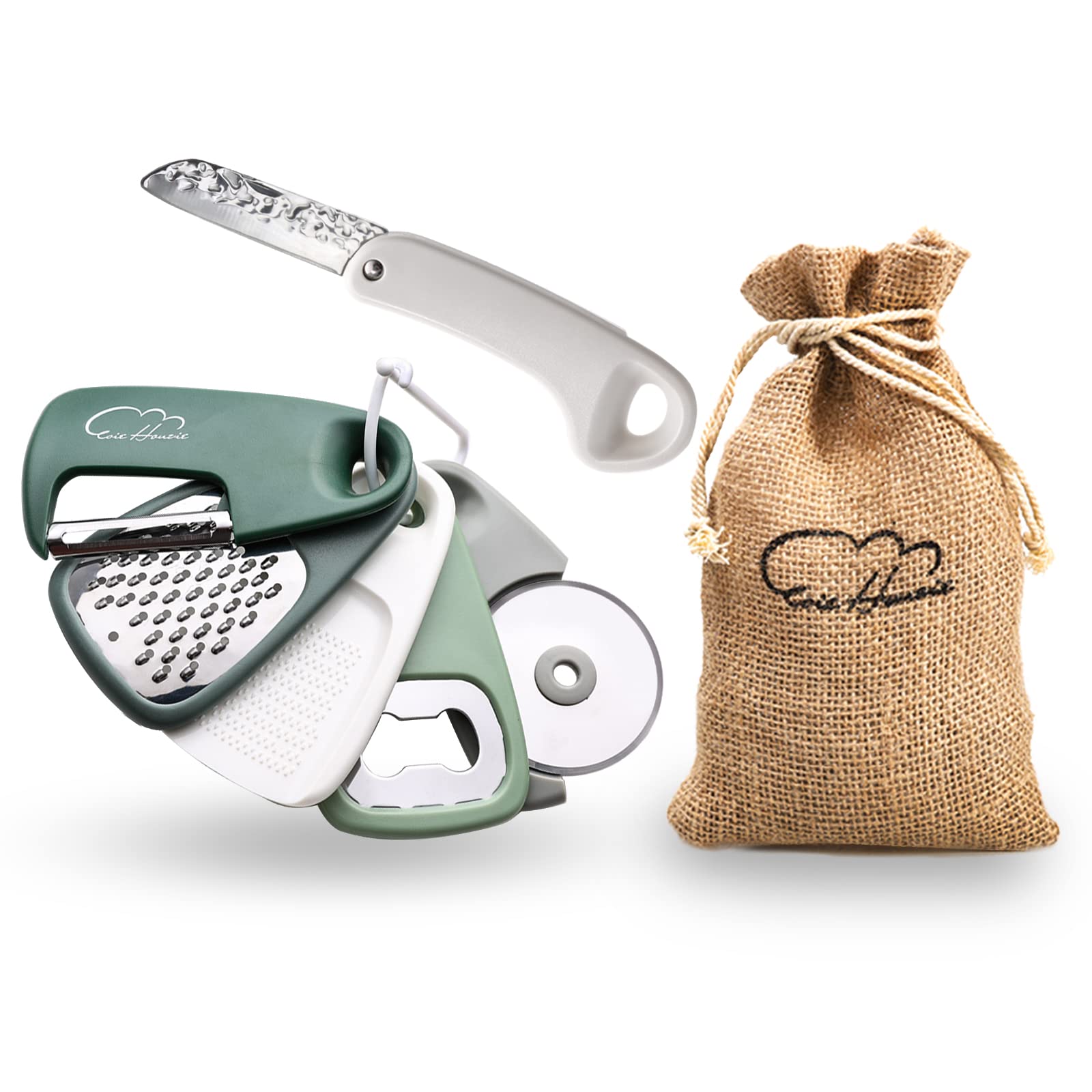 5 Pieces Kitchen Gadgets Set - Space Saving Cooking Tools Accessories Cheese Chocolate Grater, Fruit Vegetable Peeler, Bottle Opener, Pizza Cutter, Burlap Bags with Drawstring Gift Set
