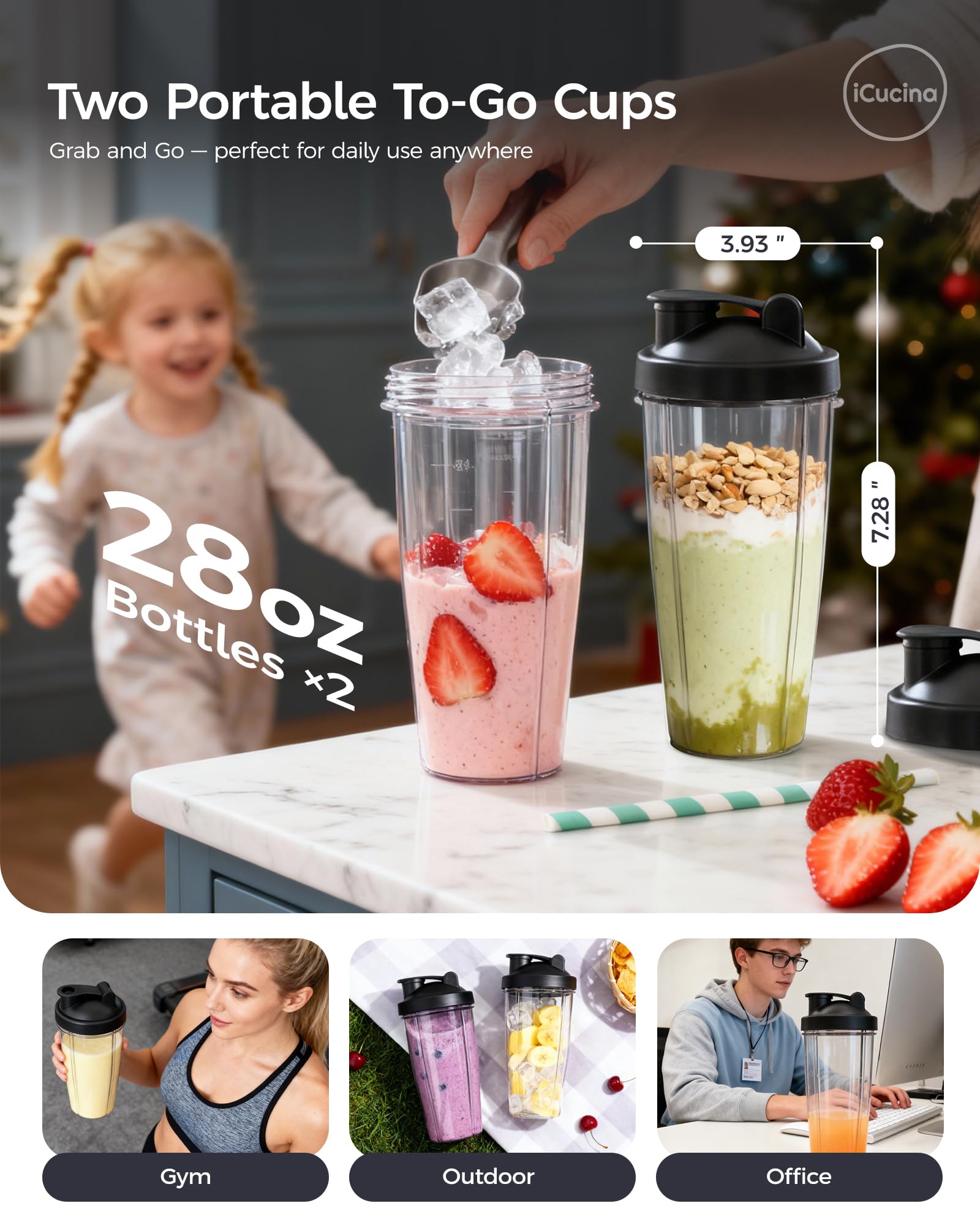 iCucina Smoothie Blender, Personal Blender for Shakes and Smoothies, 700W Pulse Technology Single Serve Blenders with 2 x 28oz Protable Cups for Ice Crush, Frozen Fruit Drinks