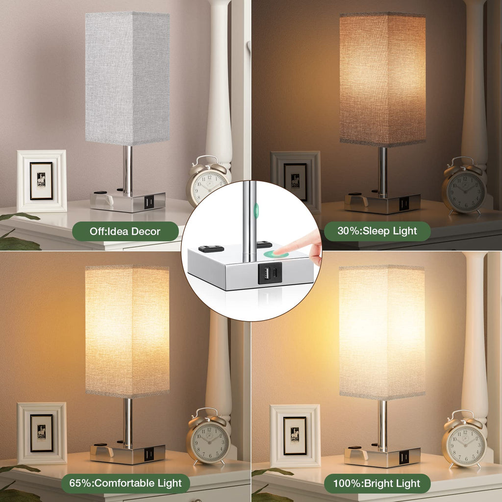 aooshine Set of 2 Touch Nightstand Lamp with USB-C+A Charge Ports& AC Outlets, 3-Way Dimmable Bedside Lamp with White Fabric Shade,Small Table Lamp for Bedroom Guest Room(Bulb Included)
