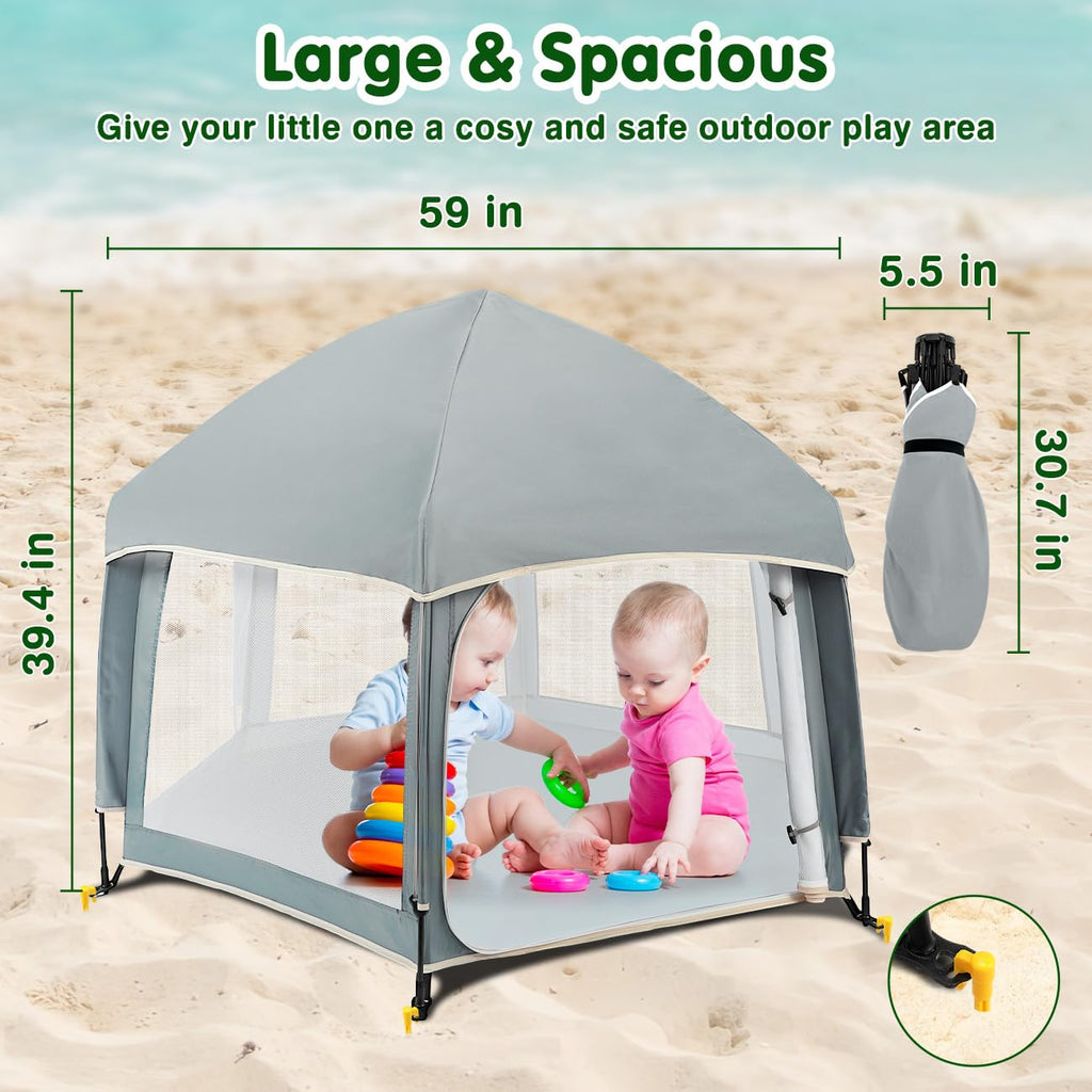 Pop Up Playpen for Baby, Portable Playpen for Babies and Toddlers with Removable Sun-Shades& 2 Side UV Covers, Lightweight Outdoor Baby Play-Pen for Beach Home with Travel Bag, Beige