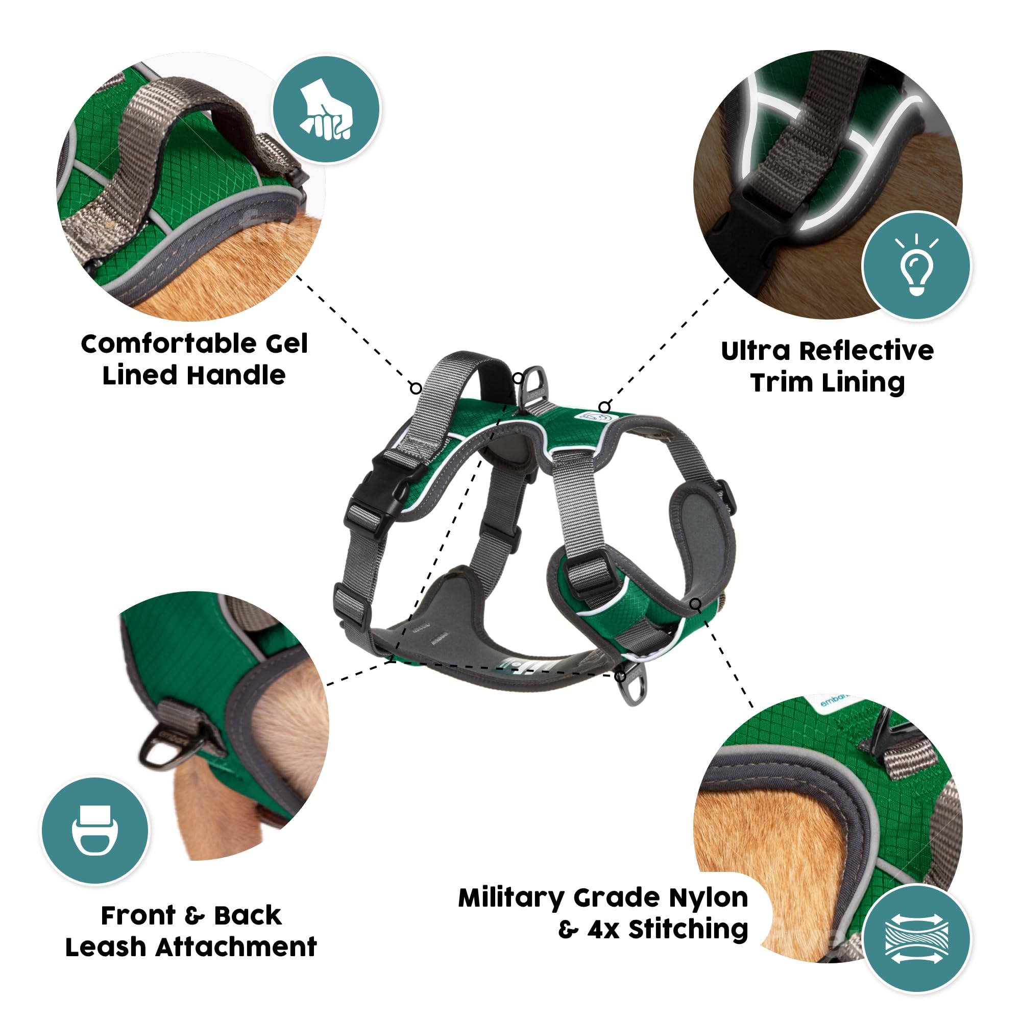 Embark Adventure Dog Harness for Small, Medium & Large Dogs – No Pull, Reflective Trim, Heavy Duty Oxford, 2 Leash Clips, Gel-Lined Handle, Soft Padded