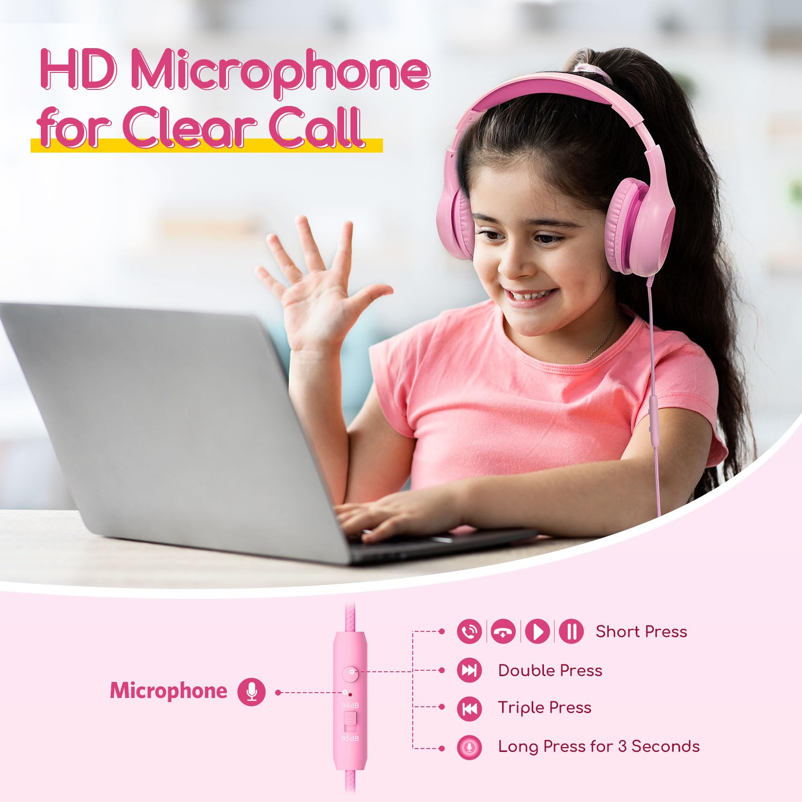 EarFun K1 Kids Headphones Wired with Microphone, 85/94dB Volume Limit Headphones for Kids, Portable Wired Headphone with Shareport, Stereo Sound Foldable Headset for School/Tablet/iPad, Black Red