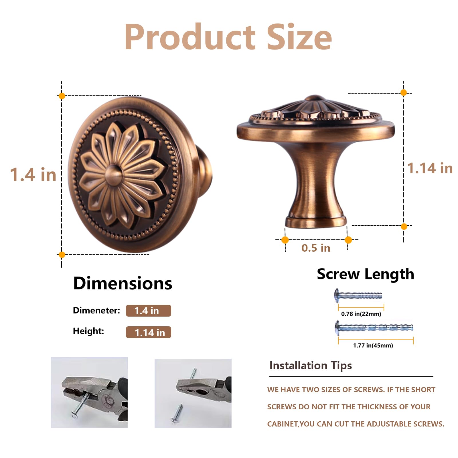 4 Pack Antique Brass Cabinet Knobs Vintage,1-2/5" Round Antique Kitchen Handles for Cabinets and Drawers Vintage Brass Dresser Drawer Knobs