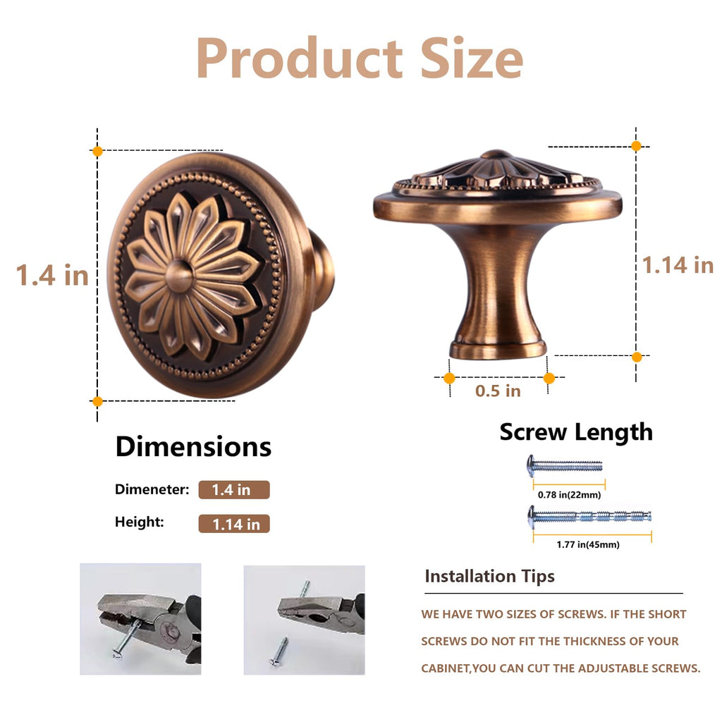4 Pack Antique Brass Cabinet Knobs Vintage,1-2/5" Round Antique Kitchen Handles for Cabinets and Drawers Vintage Brass Dresser Drawer Knobs
