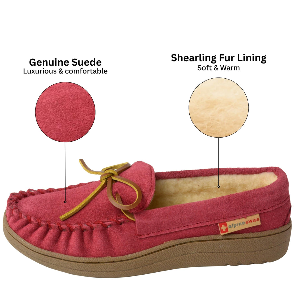 Alpine Swiss Sabine Womens Moccasin Slippers Genuine Suede House Shoe Memory Foam Insole Plush Faux Shearling Fur Indoor Outdoor Anti-Slip Rubber Sole
