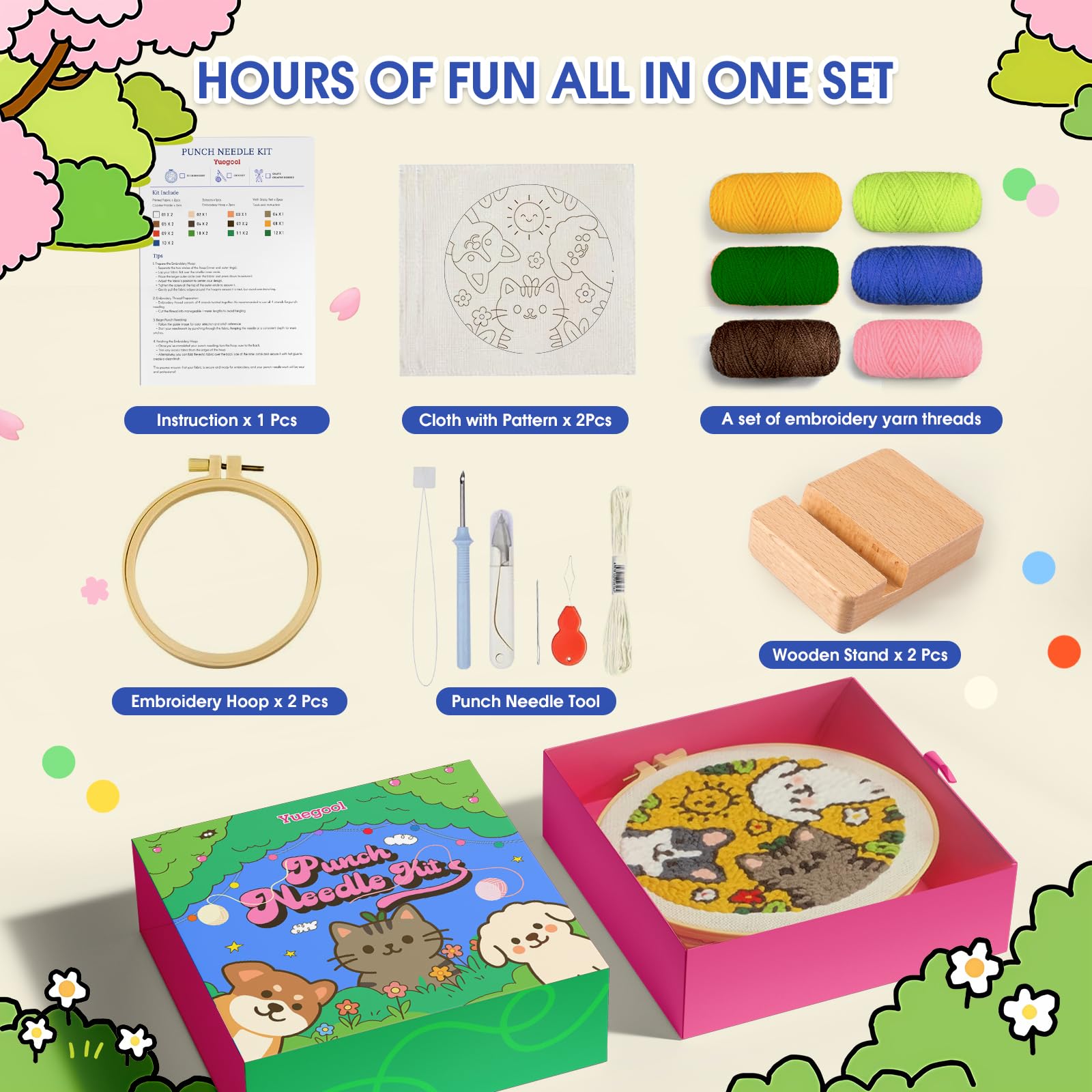 yuegool 6PCS Enchanted Oddities Punch Needle Coasters Kit – Easy DIY Embroidery Kit for Beginners, Adults & Kids | Includes Patterns, Tools, Yarns, Hoop, Instructions, Coaster Holder