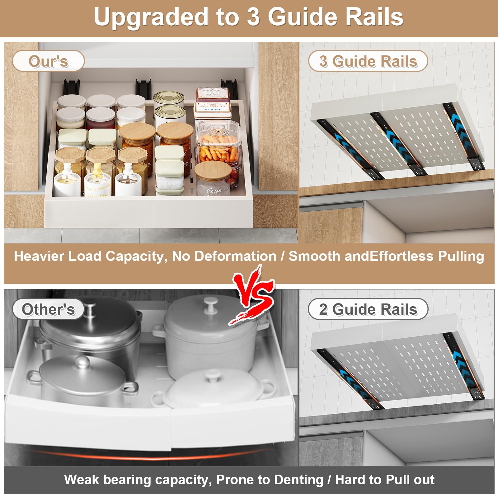 Pull out Cabinet Organizer,Width (11"-16") and Depth (17"-24") Expandable With 3 Rails,No Drill Adjustable Slide out Drawers for Kitchen,Pantry,Adhesive Roll out Shelves,for Cabinets without Lip,Black