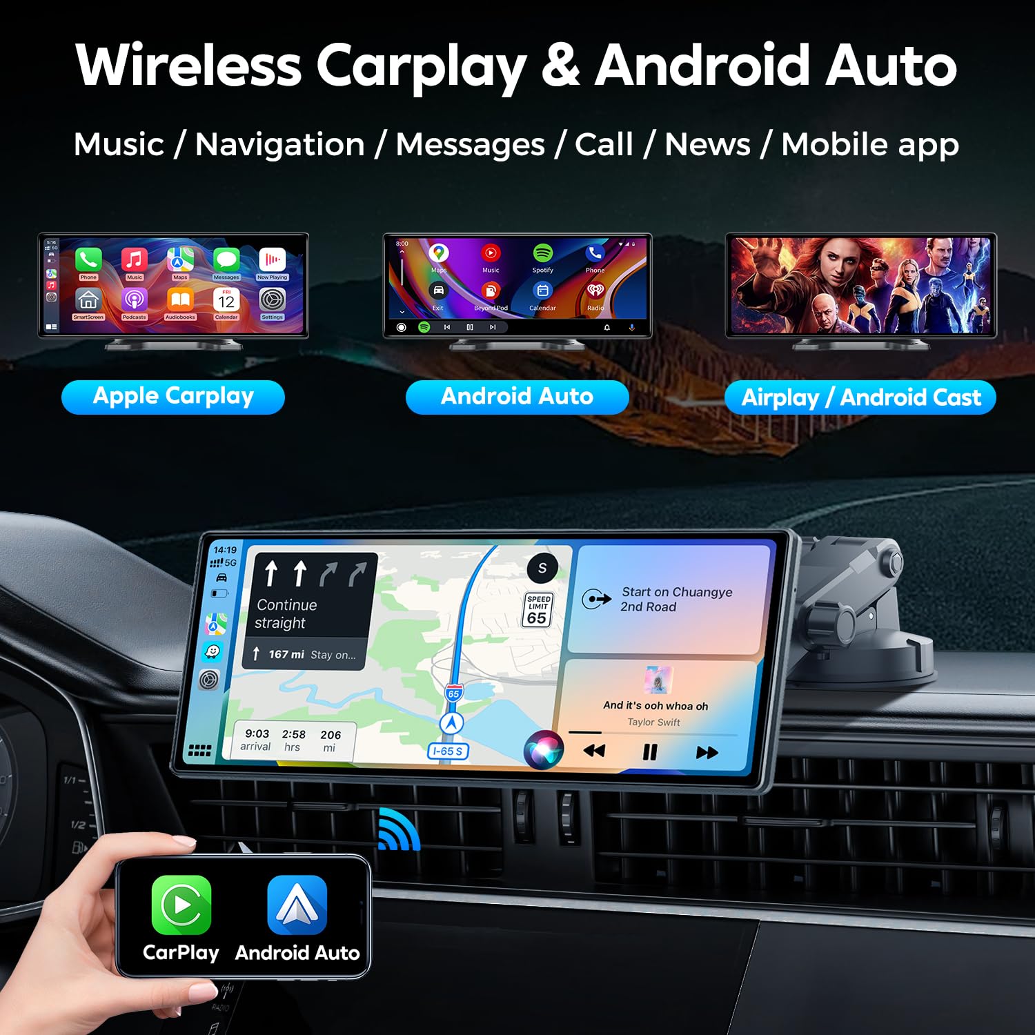 JATAZA 10.26" Wireless Apple Carplay Screen for Car, Secure Strong Bracket, Portable Apple CarPlay& Android Auto Car Stereo with GPS Navigation, Bluetooth, Mirror Link, Voice Control,Fits All Vehicles