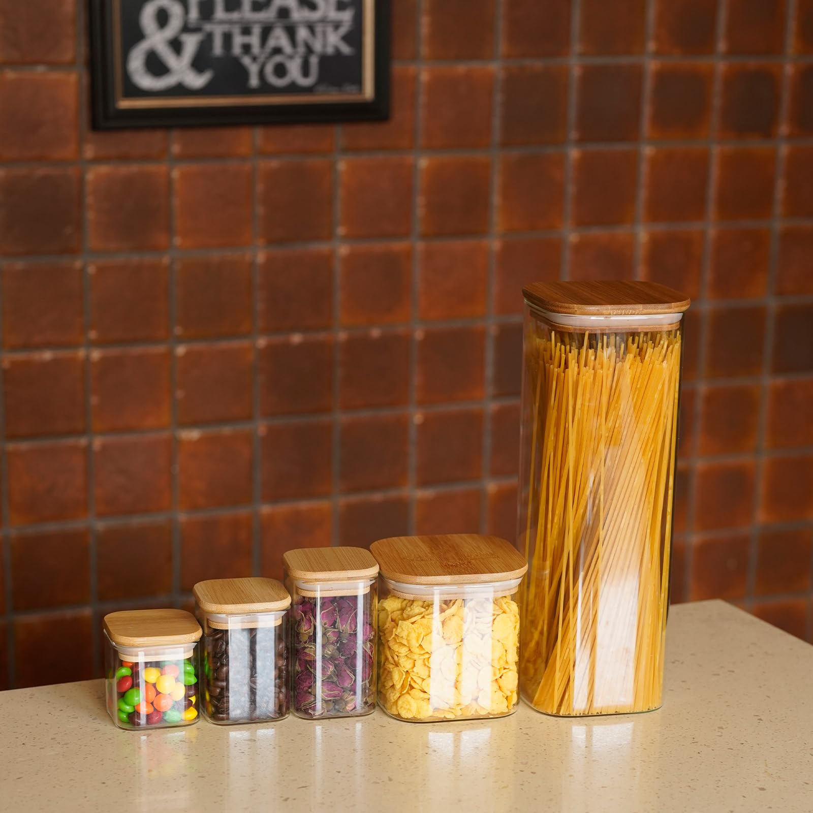 SHOWIN 73oz Glass Pasta Storage Jars, Tall Glass Jars with Bamboo Lids, Spaghetti Container, Set of 3, Kitchen Storage Containers for Pasta, Pantry Organizers