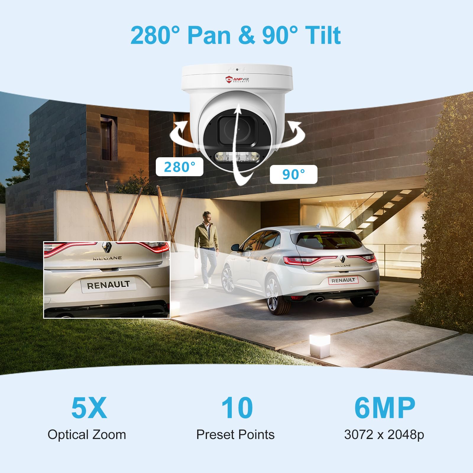 Anpviz 6MP PoE PTZ Camera Outdoor, 5X Optical Zoom 2.7~13.5mm Lens, Pan Tilt Zoom IP Security Camera Human Vehicle Detection, Spotlight&Sound Alarm, SD Card Slot, NDAA, PTZIP30A60WD-SA-5X (U Series)