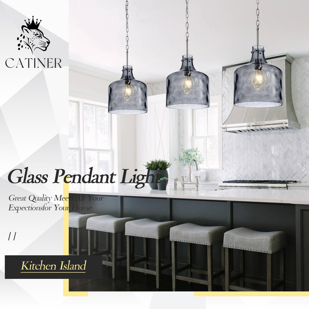 Glass Large Pendant Lights for Kitchen Island Blown Glass Pendant Light Clear Hammered Shade Hanging Ceiling Lights with Black Finish for for Kitchen Island, Sink, Hallway, Living Room 11 inch