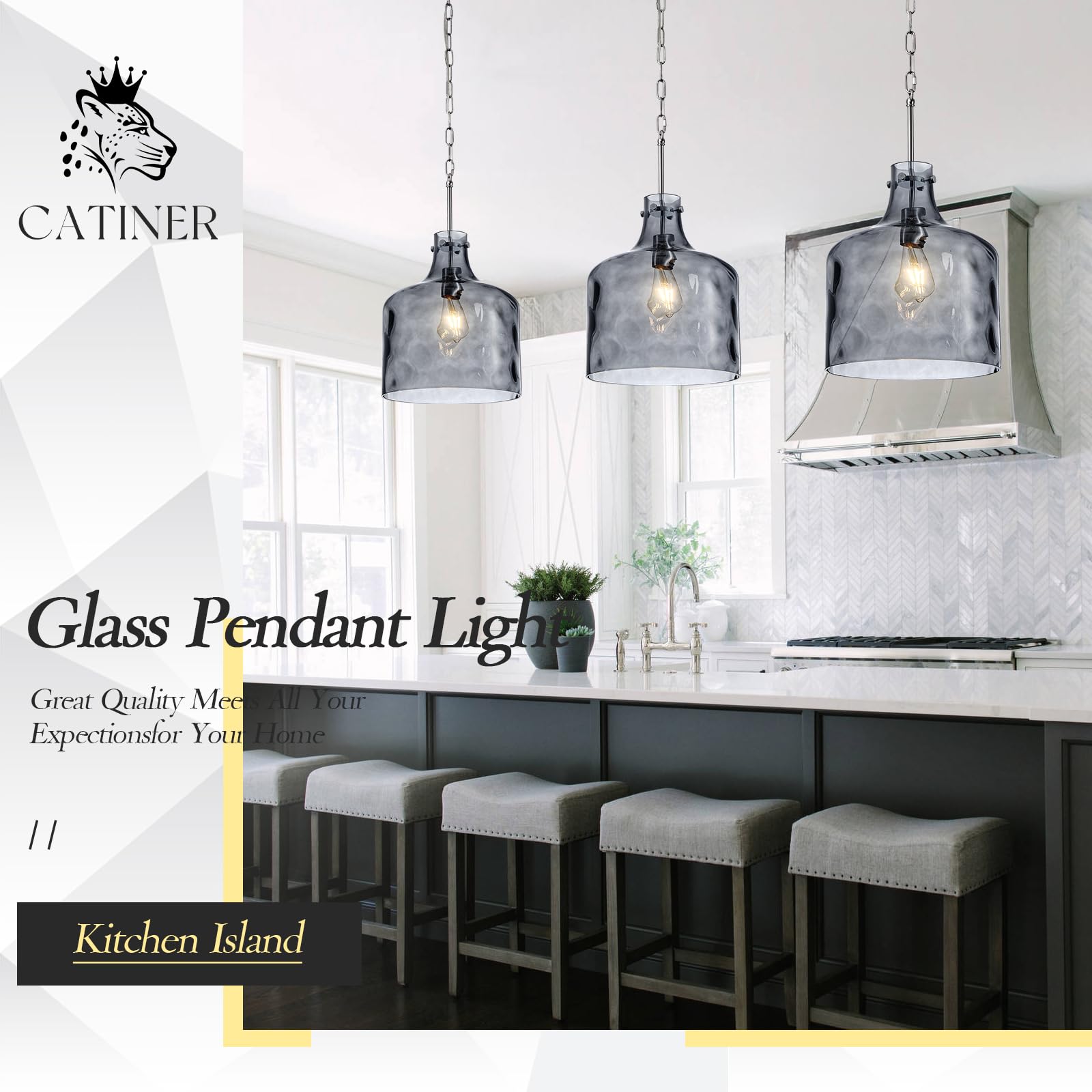 Glass Large Pendant Lights for Kitchen Island Blown Glass Pendant Light Clear Hammered Shade Hanging Ceiling Lights with Black Finish for for Kitchen Island, Sink, Hallway, Living Room 11 inch