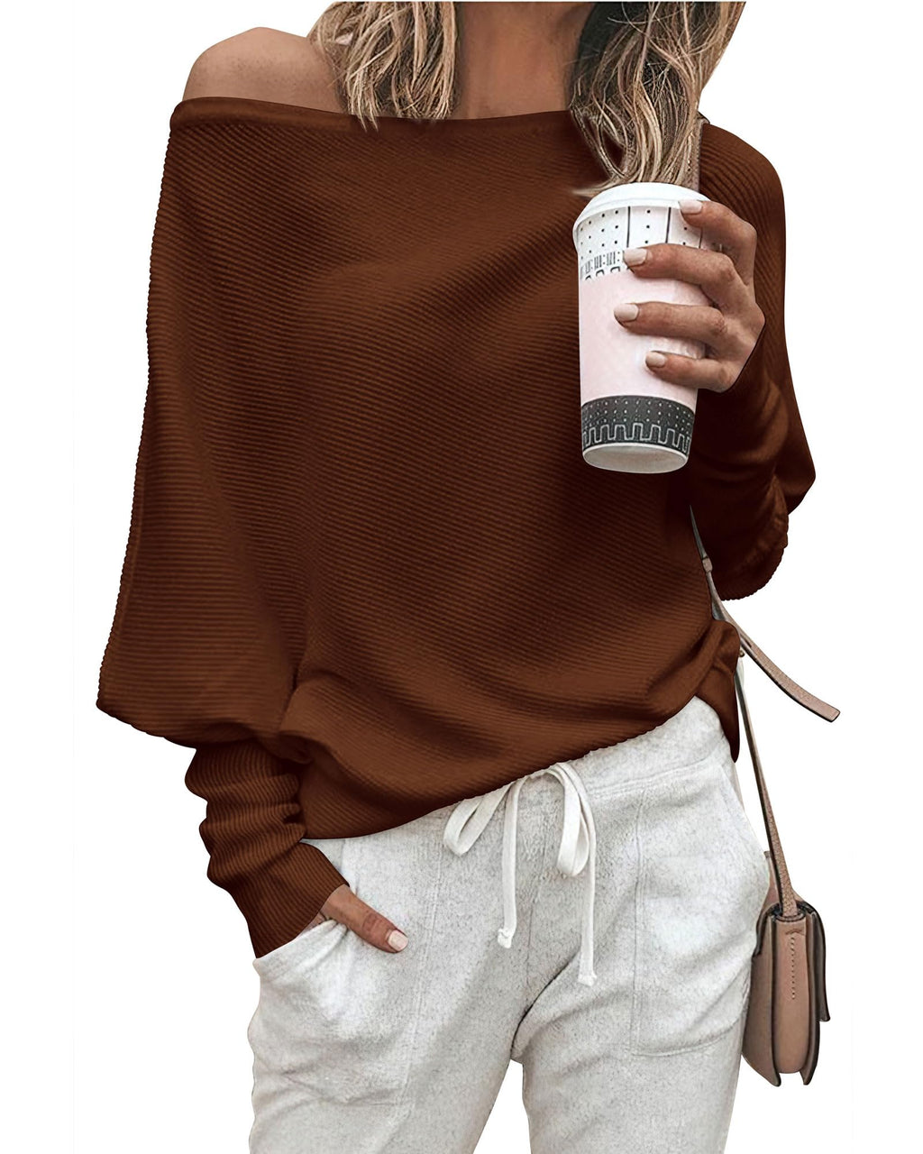 Zenlonr Women's Fall Sweaters 2026 Casual Long Batwing Sleeve Loose Off Shoulder Knit Pullovers Jumper Tops