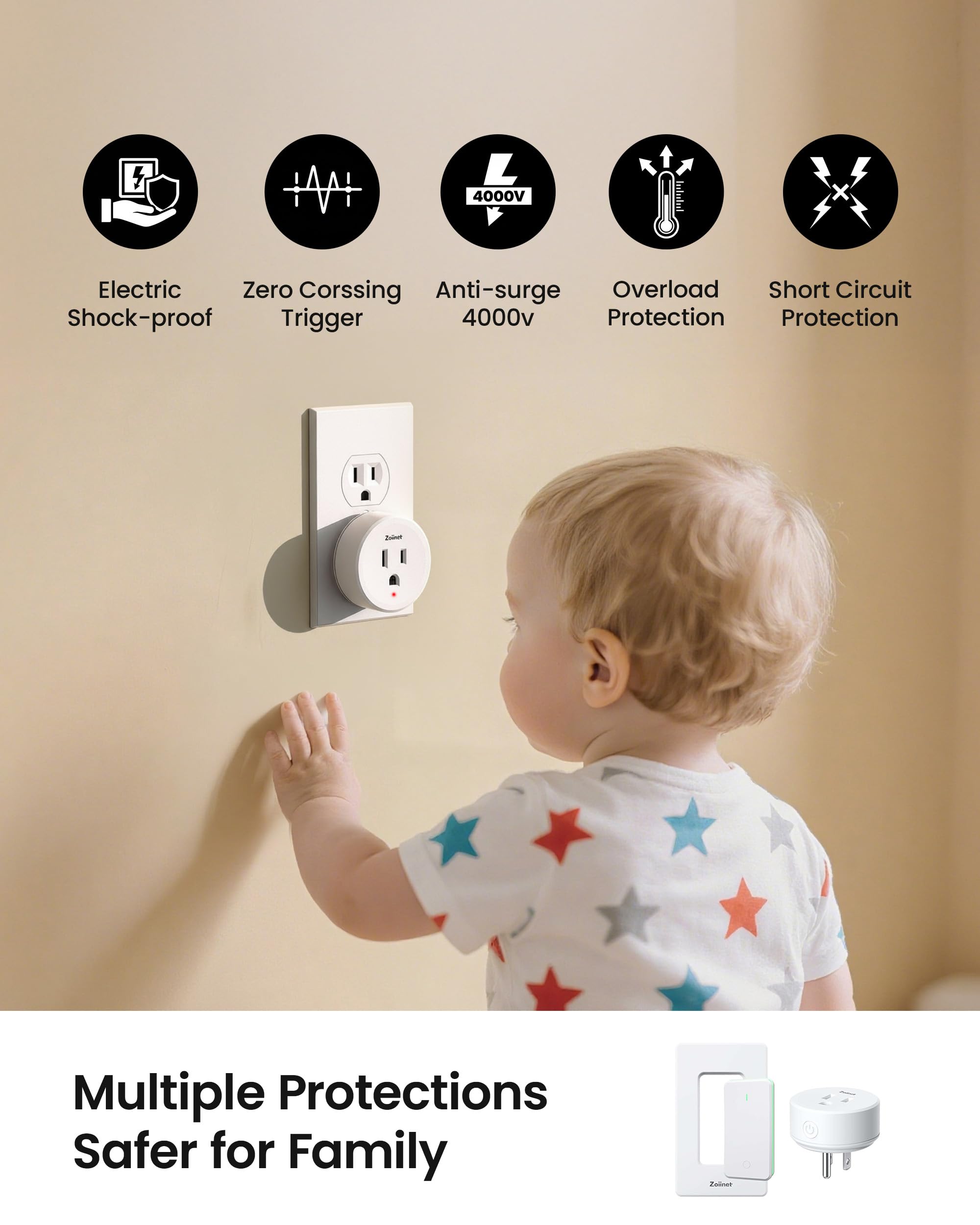 Zoiinet Remote Control Outlet Plug Switch, Buckle Design & Removable Wireless Light Switch, No Wiring Needed, 300 ft, 15A/1500W, Programmable, for Household Appliances