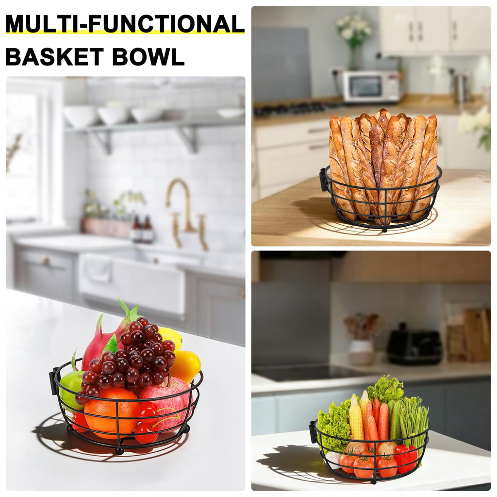 Livabber Countertop Fruit Basket Bowl with Banana Hanger, Modern Standing Fruit Vegetable Bowl Storage, with Banana Tree Holder for Kitchen Dinning Table (Round Marble, Black)