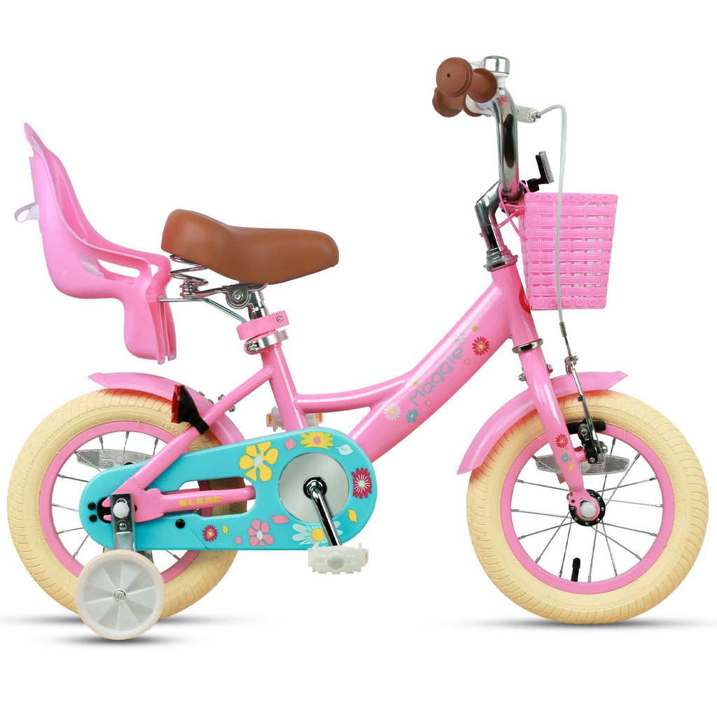 Glerc Maggie Girls Bike, 12-20 Inch Kids Bike for 2-13 Years Old Children, Princess Style Kids Bicycle with Doll-Seat & Basket & Training Wheels, Multiple Colors