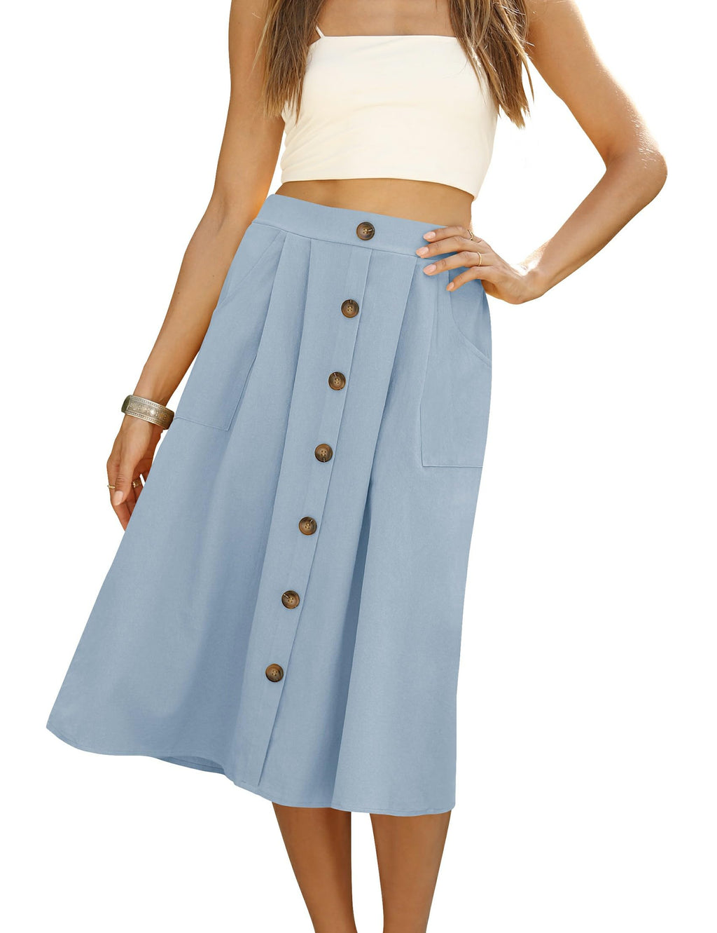 Naggoo Womens Summer Skirts Casual Front Button A-Line High Waisted Midi Skirt with Pockets