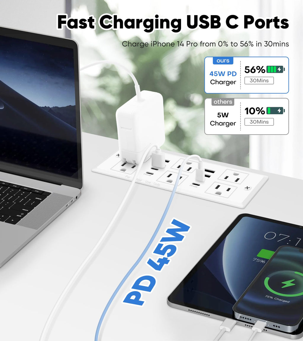 45W Recessed Power Strip, Flush Mounted Surge Protector(1200J) with 6 AC Outlets & 8 USB Ports(4 USB-C), 45°Flat Plug, 6FT Flat Power Cord(Black)