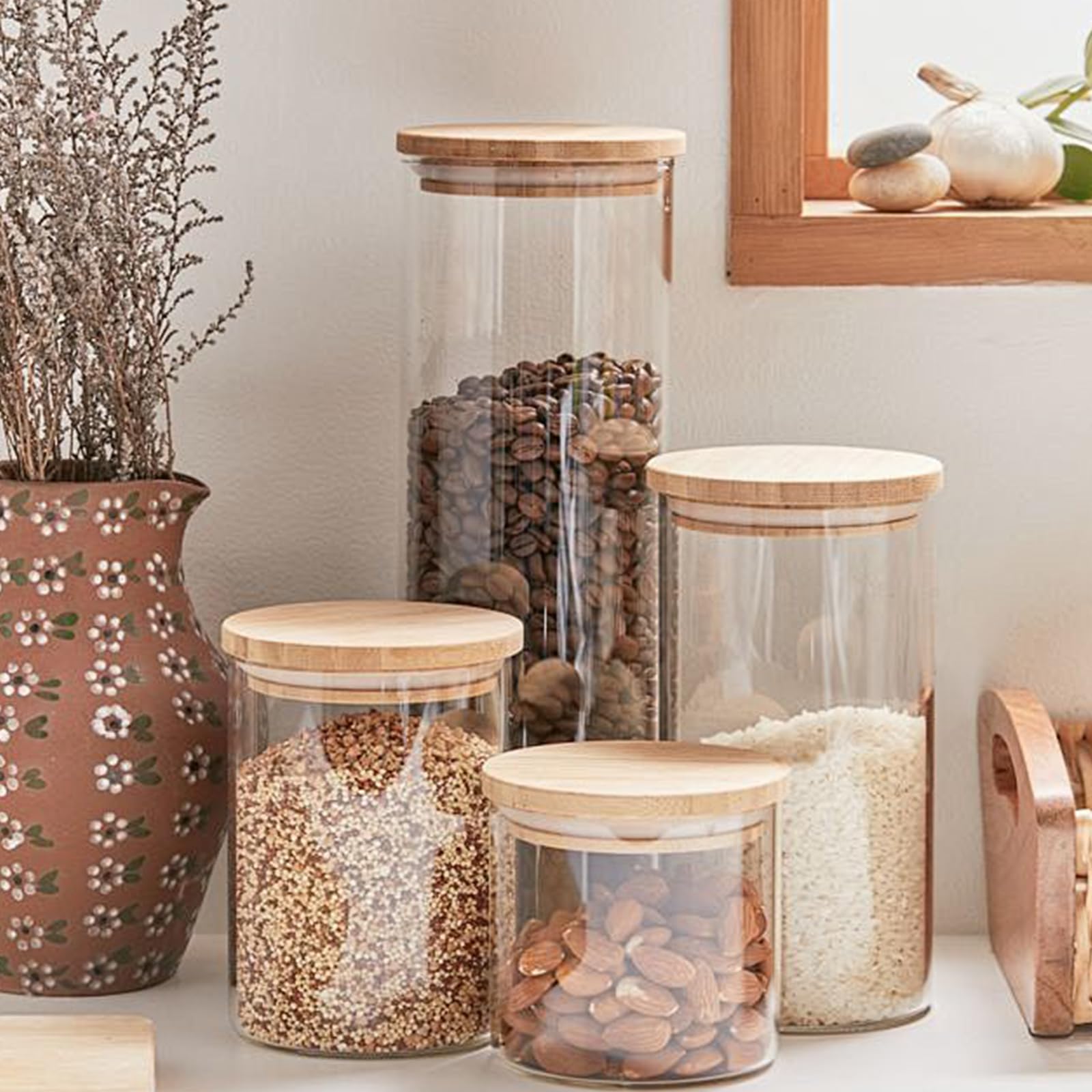 SHOWIN 73oz Glass Pasta Storage Jars, Tall Glass Jars with Bamboo Lids, Spaghetti Container, Set of 3, Kitchen Storage Containers for Pasta, Pantry Organizers