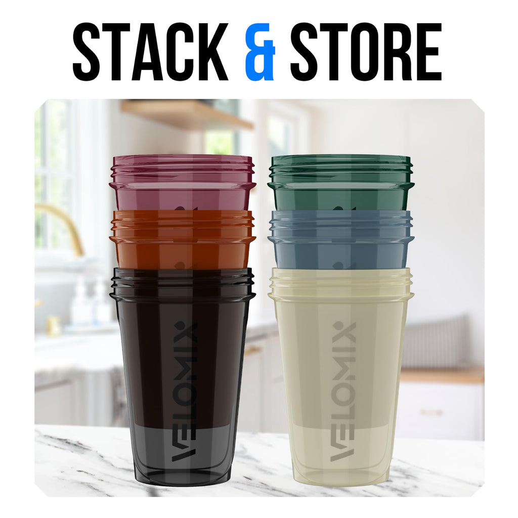 VELOMIX -6 PACK- 20 oz Protein Shaker Bottle for Protein Mixes - 6x Wire Whisk | Leak Proof Shaker Cups for Protein Shakes| Stackable Protein Shaker Bottle Pack | Dishwasher Safe (ALL IN BLACK)