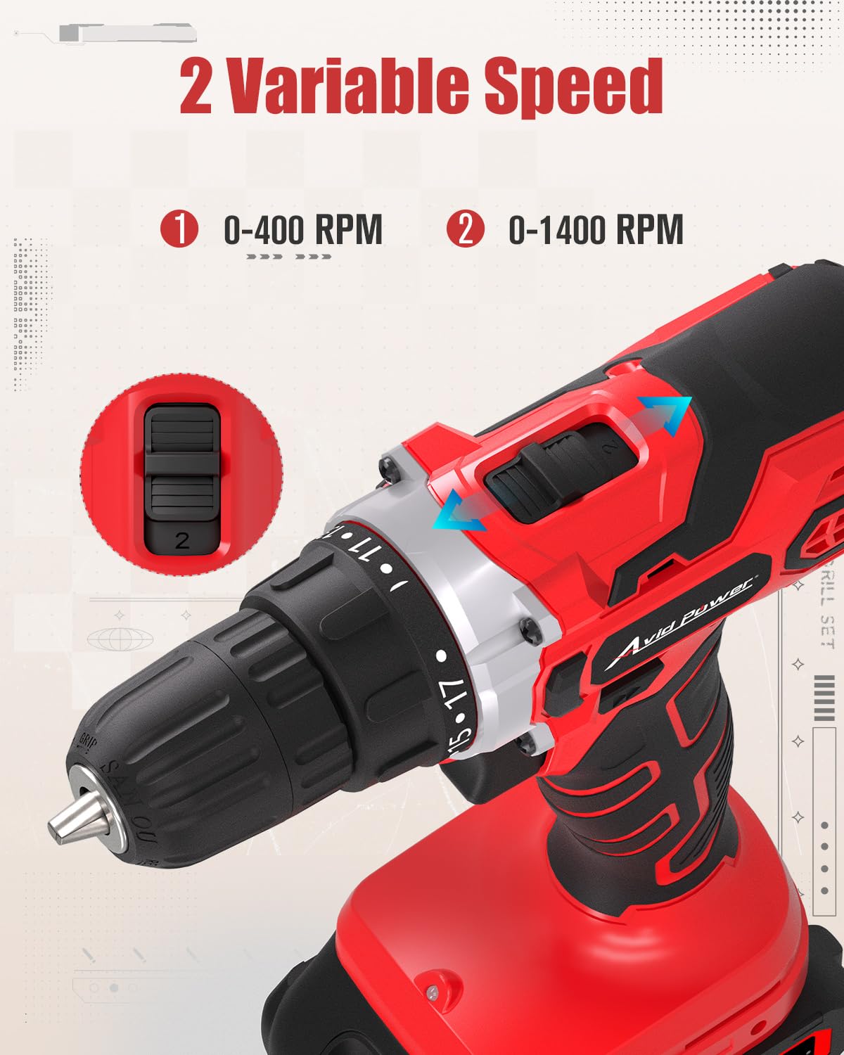 AVID POWER 20V MAX Power Drill Kit, Cordless Drill Set with Battery and Charger, 2 Variable Speed, 3/8-Inch Keyless Chuck, 19 Position and 22pcs Bits