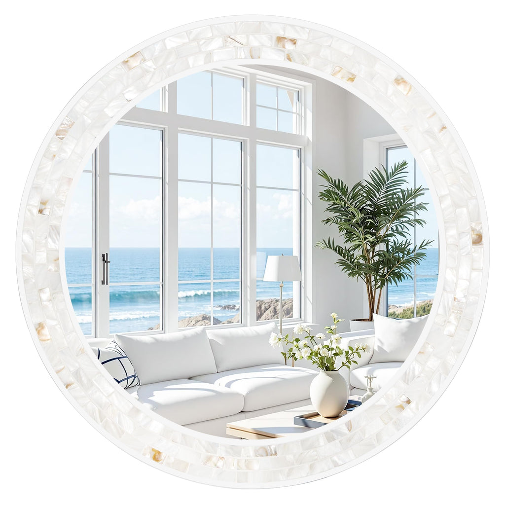 Tanmicoshomy Round Wall Mirror 24 Inch,Circle Mosaic Mirror with Natural Mother of Pearl and Wood Frame, Decorative Coastal Round Wall Mirror for Bathroom Bedroom Living Room Entryway
