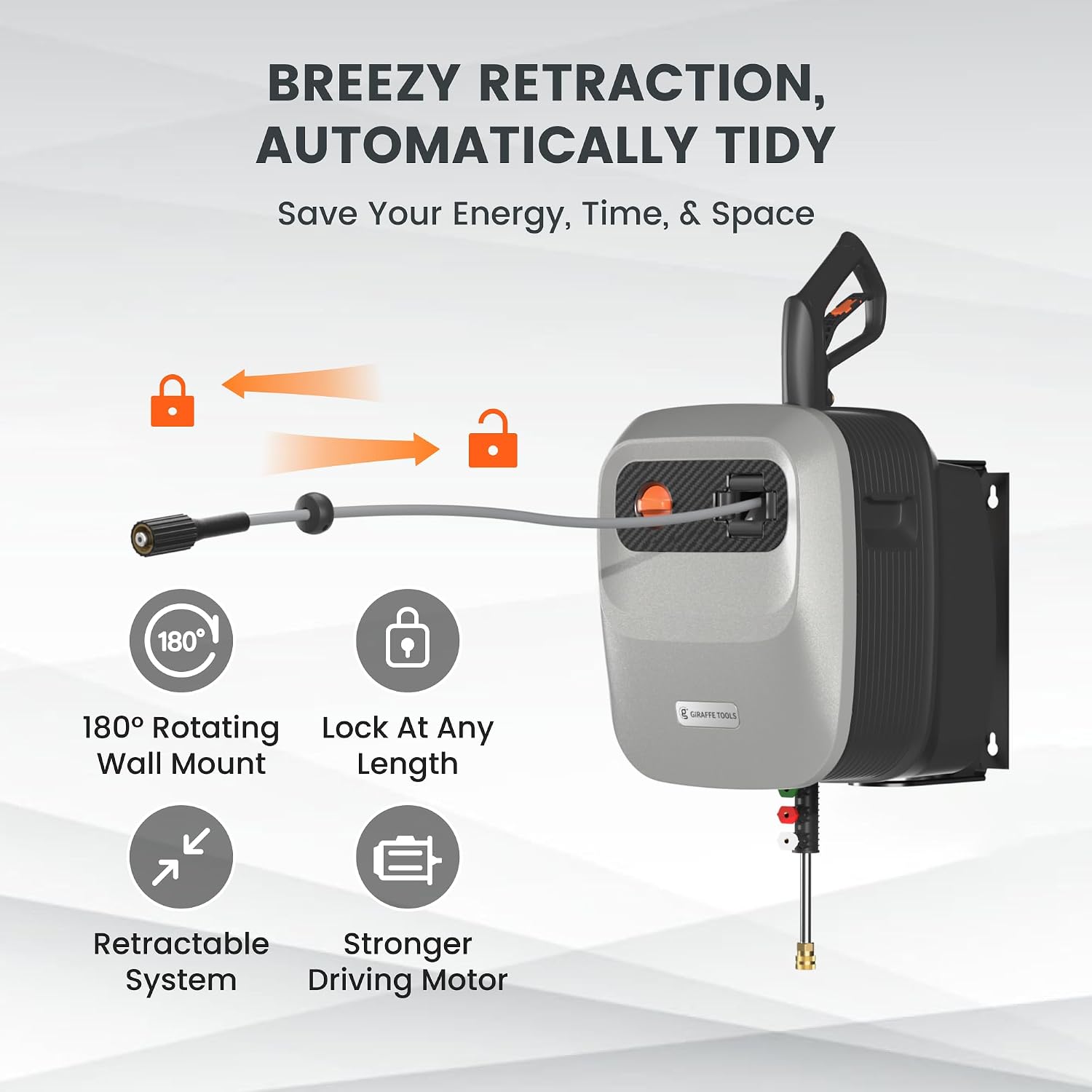 Giraffe Tools Grandfalls Retractable Pressure Washer G20, 2500 PSI 2.2 GPM, 180° Wall Mounted Power Washer, Auto-Retract with 65FT Hose Reel, 5 Nozzles for Floor/Cars/Fences/Patios, Light Silver