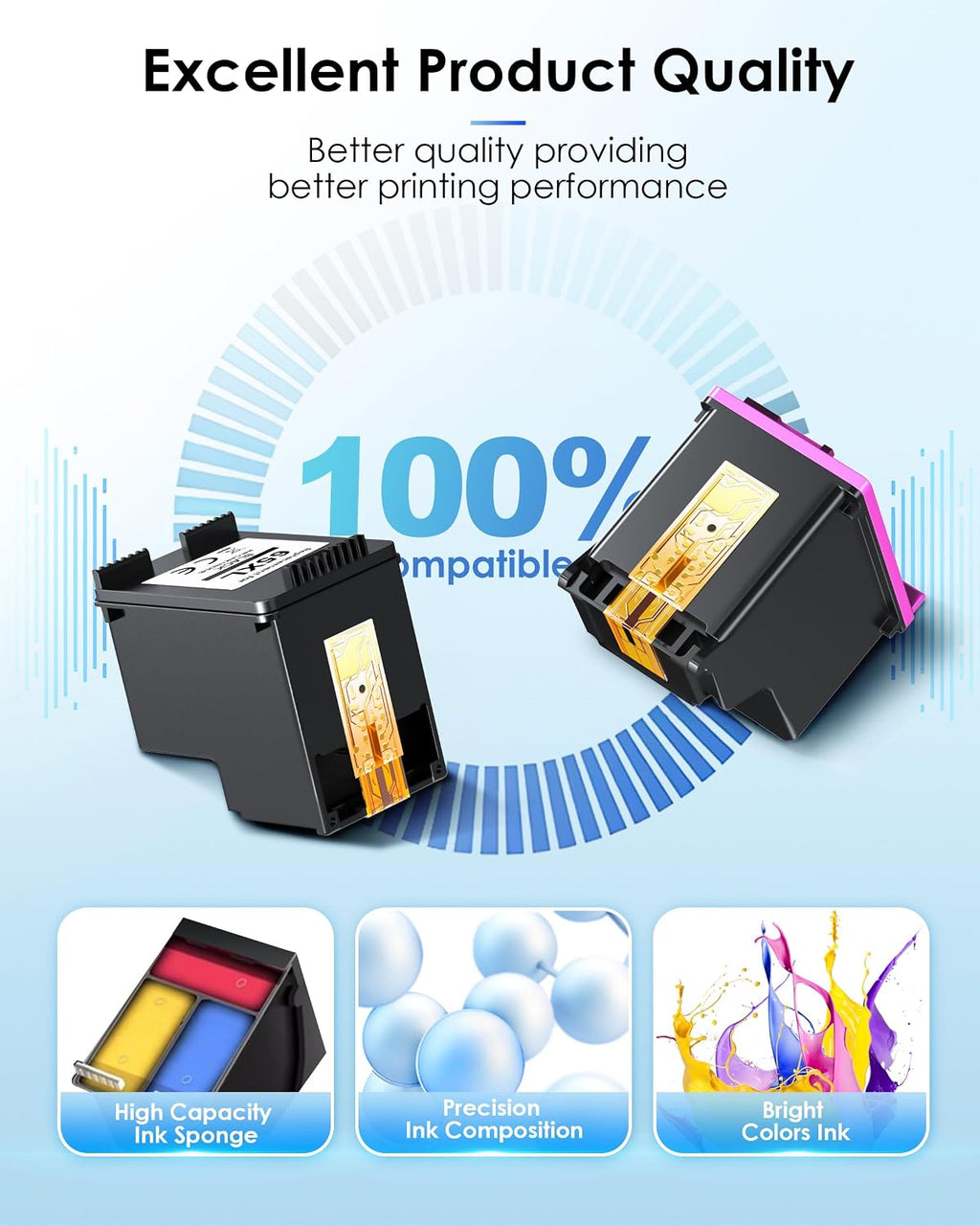 TECKKIN 65XL Ink Cartridge Black/Color Combo Pack High Yield Replacement for HP Ink 65 65XL Works for HP DeskJet 3755 3772 3700 3752 3722 2600 2622 Envy 5055 5000 5070 (2 Pack)
