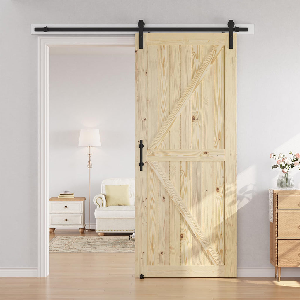 SmartStandard 24in x 80in Sliding Barn Wood Door Pre-Drilled Ready to Assemble, DIY Unfinished Solid Spruce Wood Panelled Slab, Interior Single Door Only, Natural, K-Frame (Fit 4FT Rail)